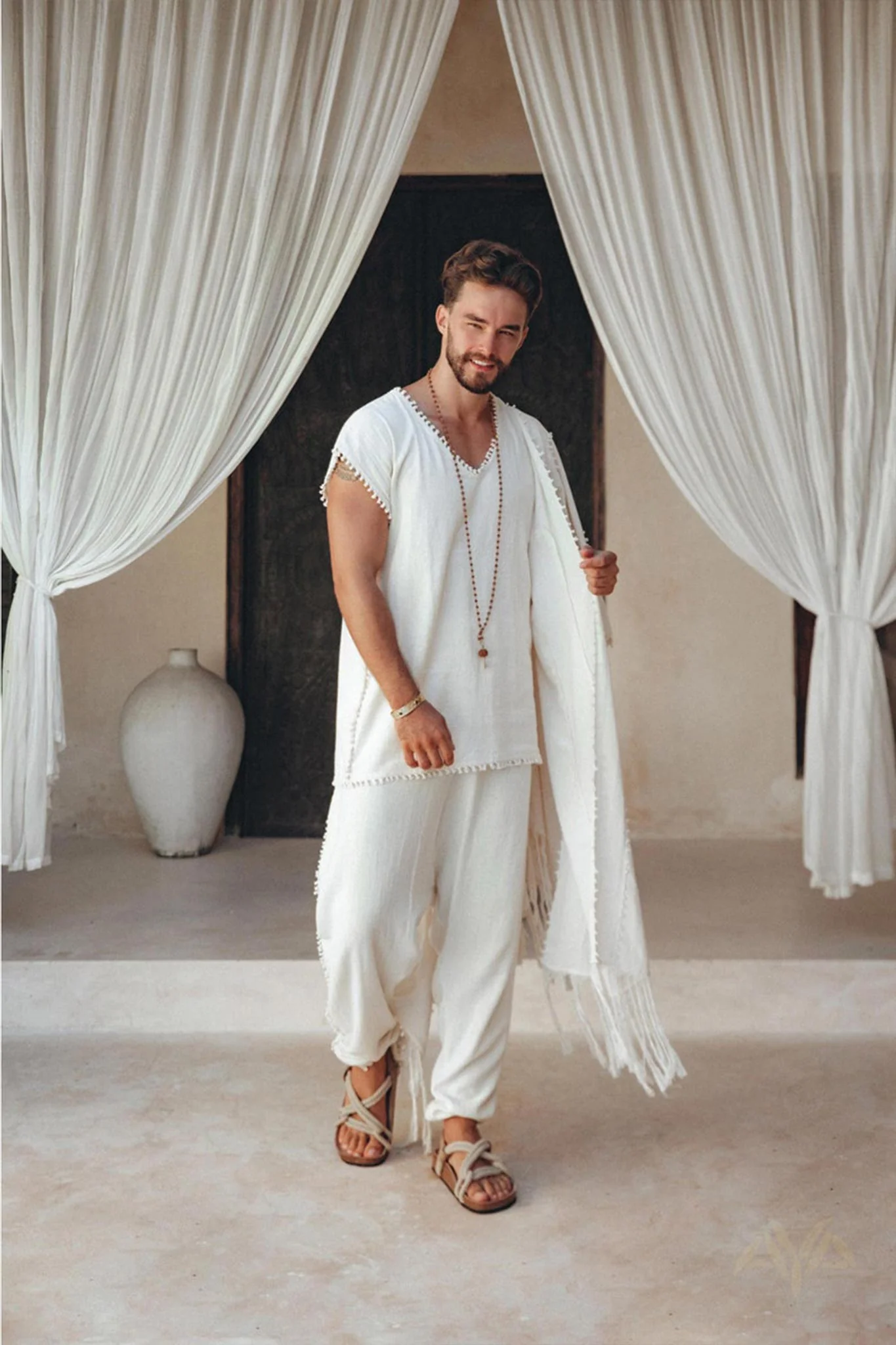 Off-White Handmade Knots Decorated T-Shirt for Men - Image 2