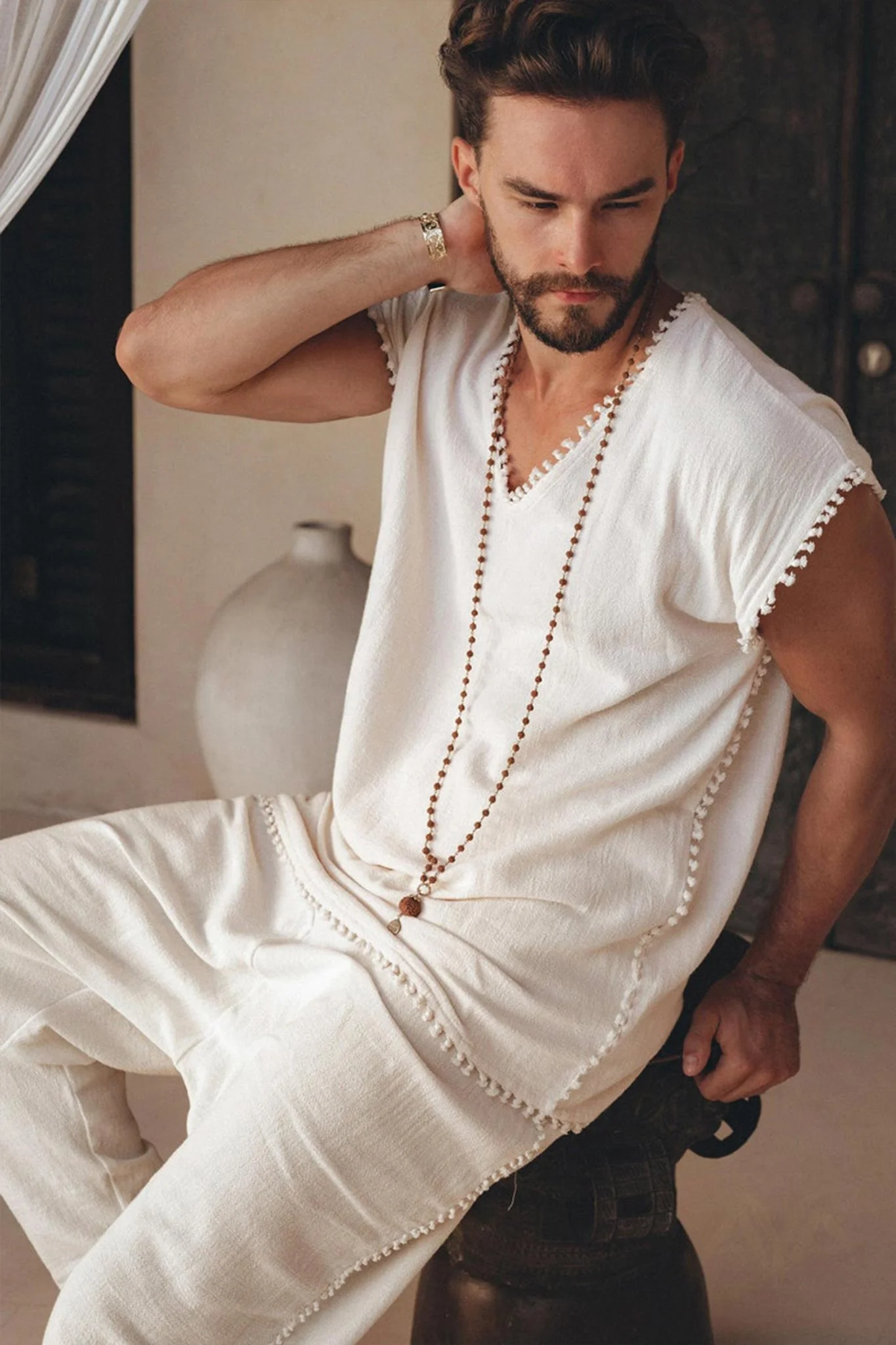 Off-White Handmade Knots Decorated T-Shirt for Men - Image 3
