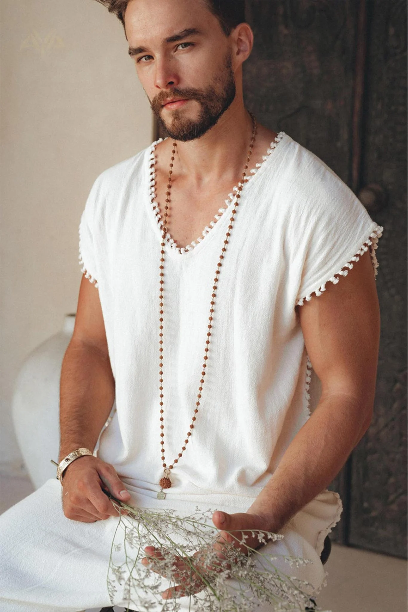 Off-White Handmade Knots Decorated T-Shirt for Men - Image 4