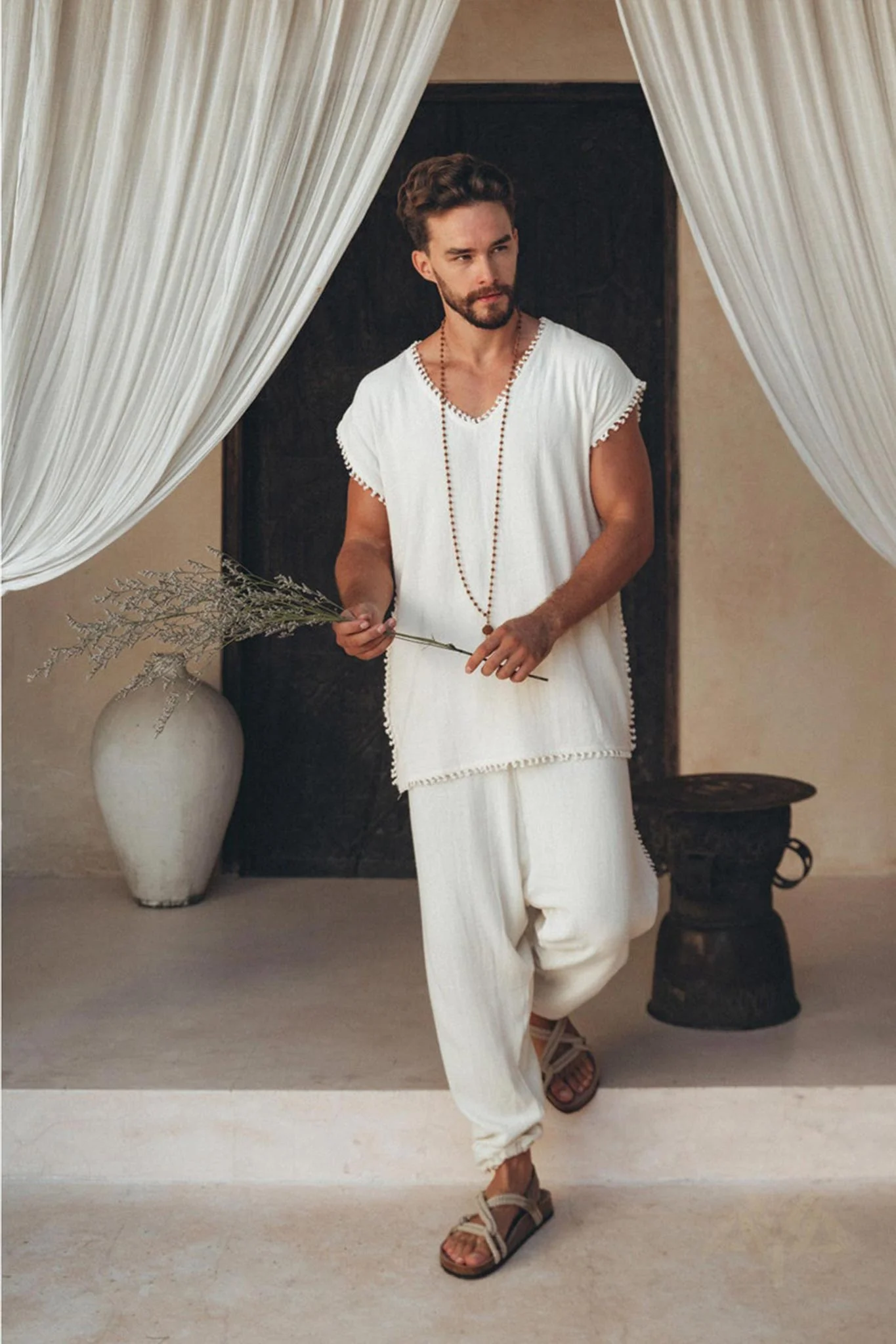 Off-White Handmade Knots Decorated T-Shirt for Men - Image 5