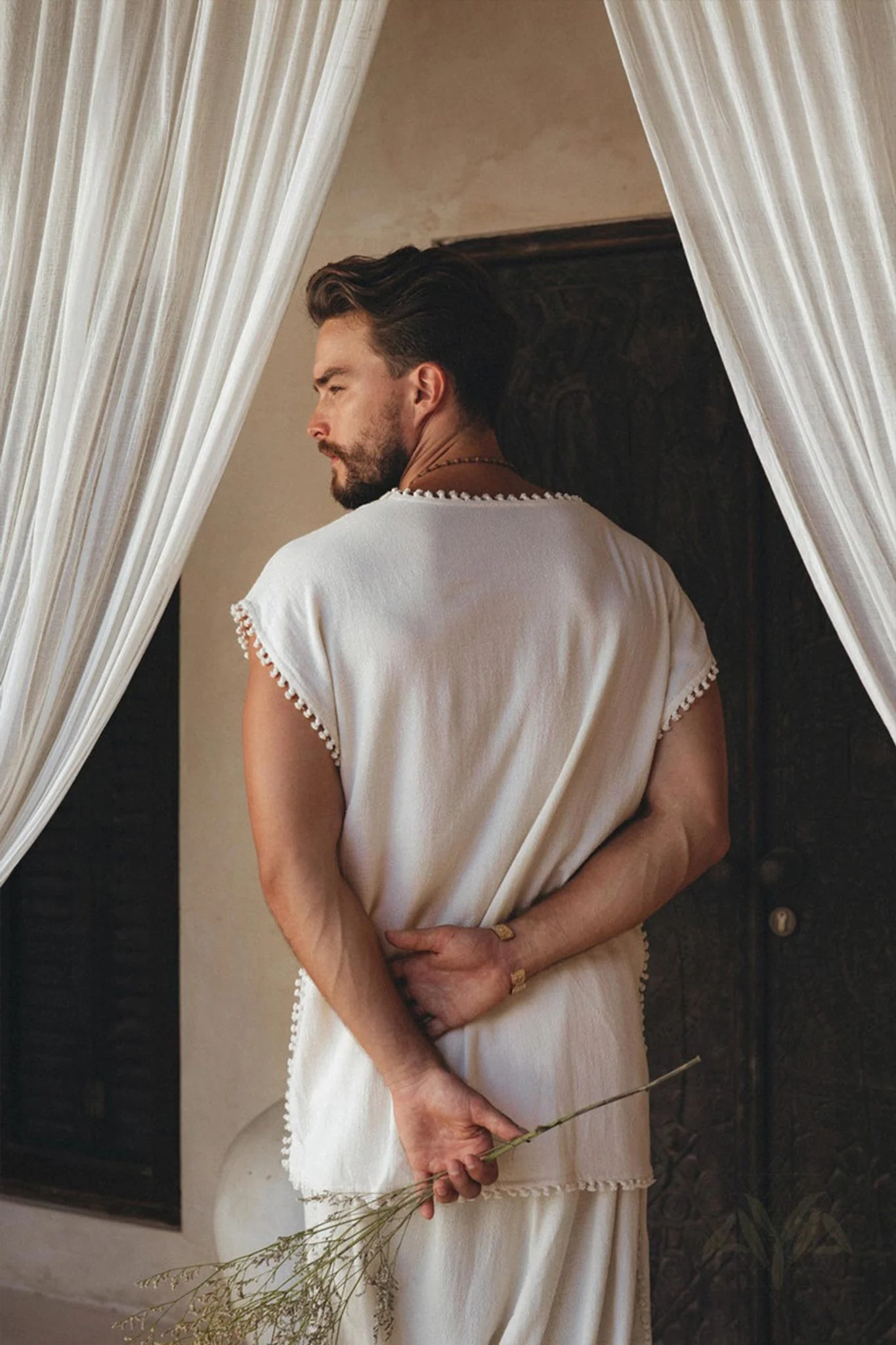 Off-White Handmade Knots Decorated T-Shirt for Men - Image 7