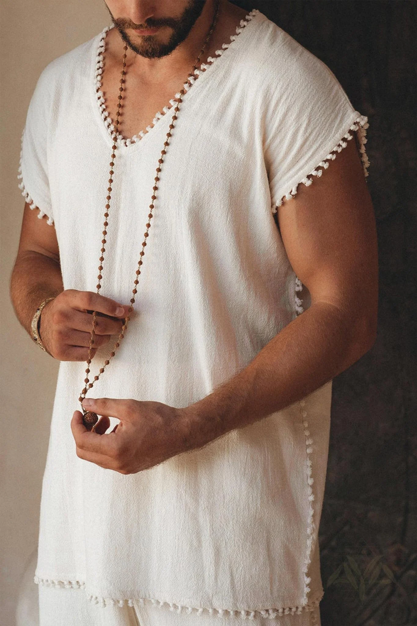 Off-White Handmade Knots Decorated T-Shirt for Men - Image 9