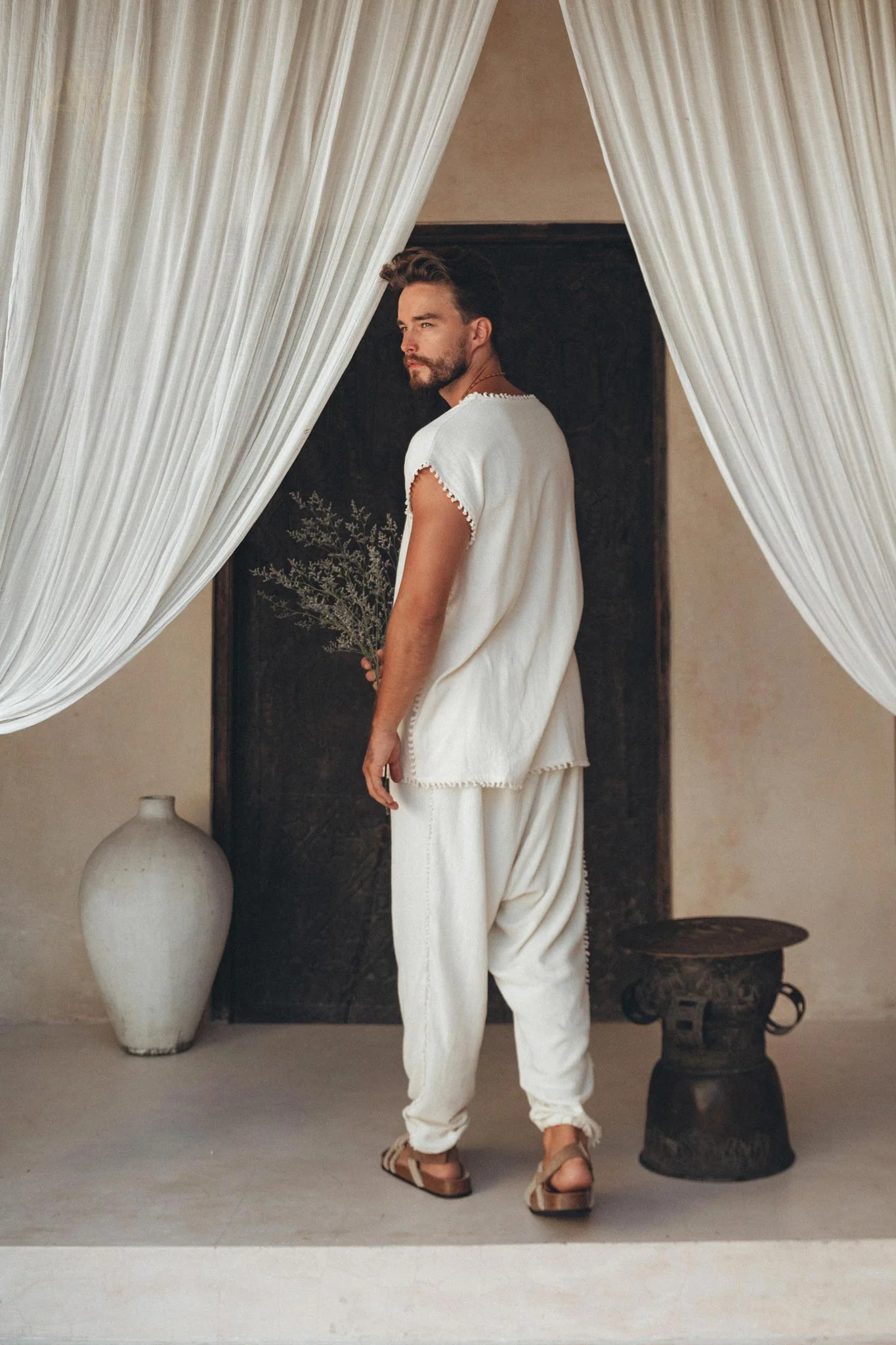 Off-White Handwoven Cotton Pants for Men - Image 4