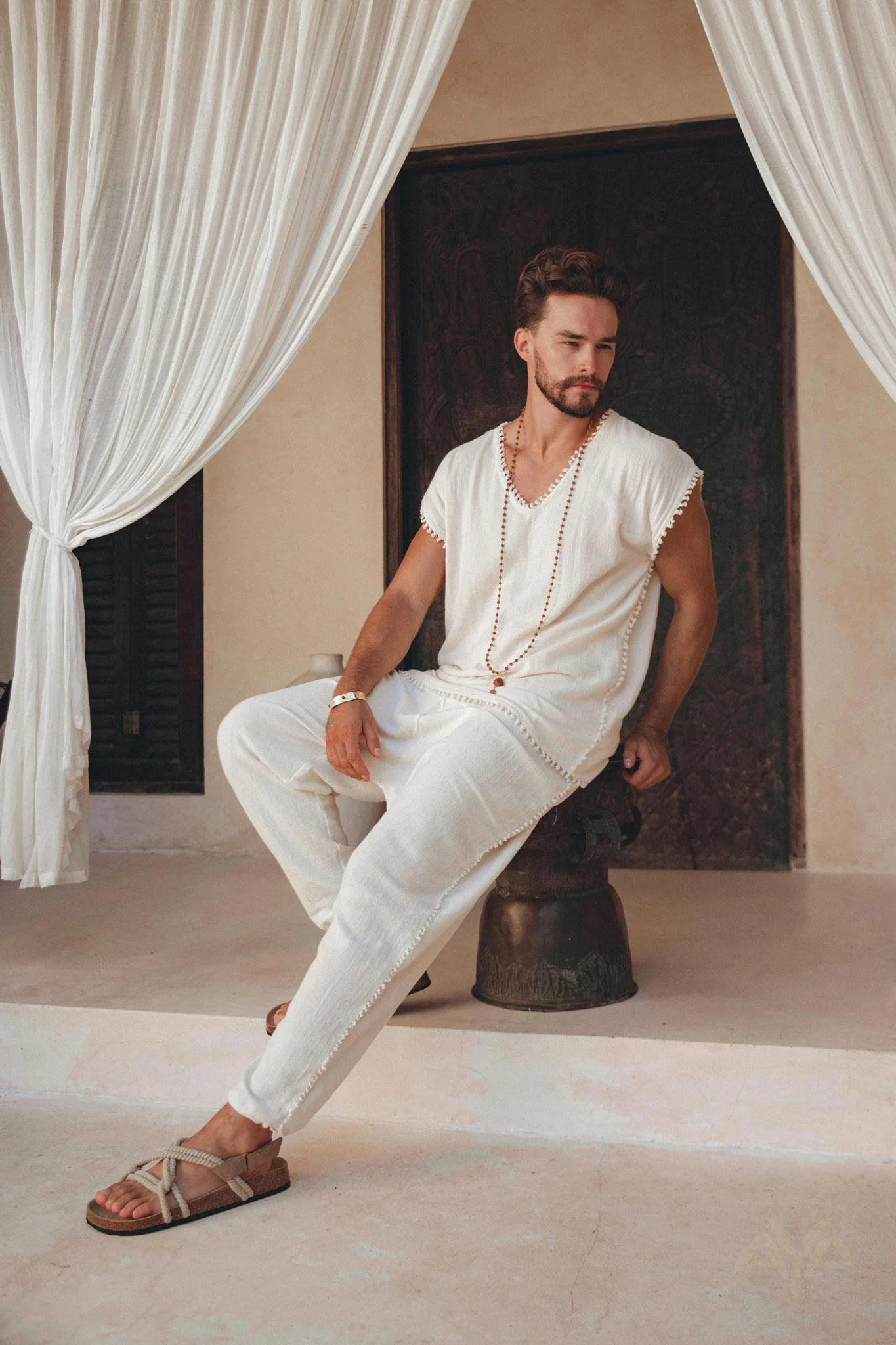 Off-White Handwoven Cotton Pants for Men - Image 6