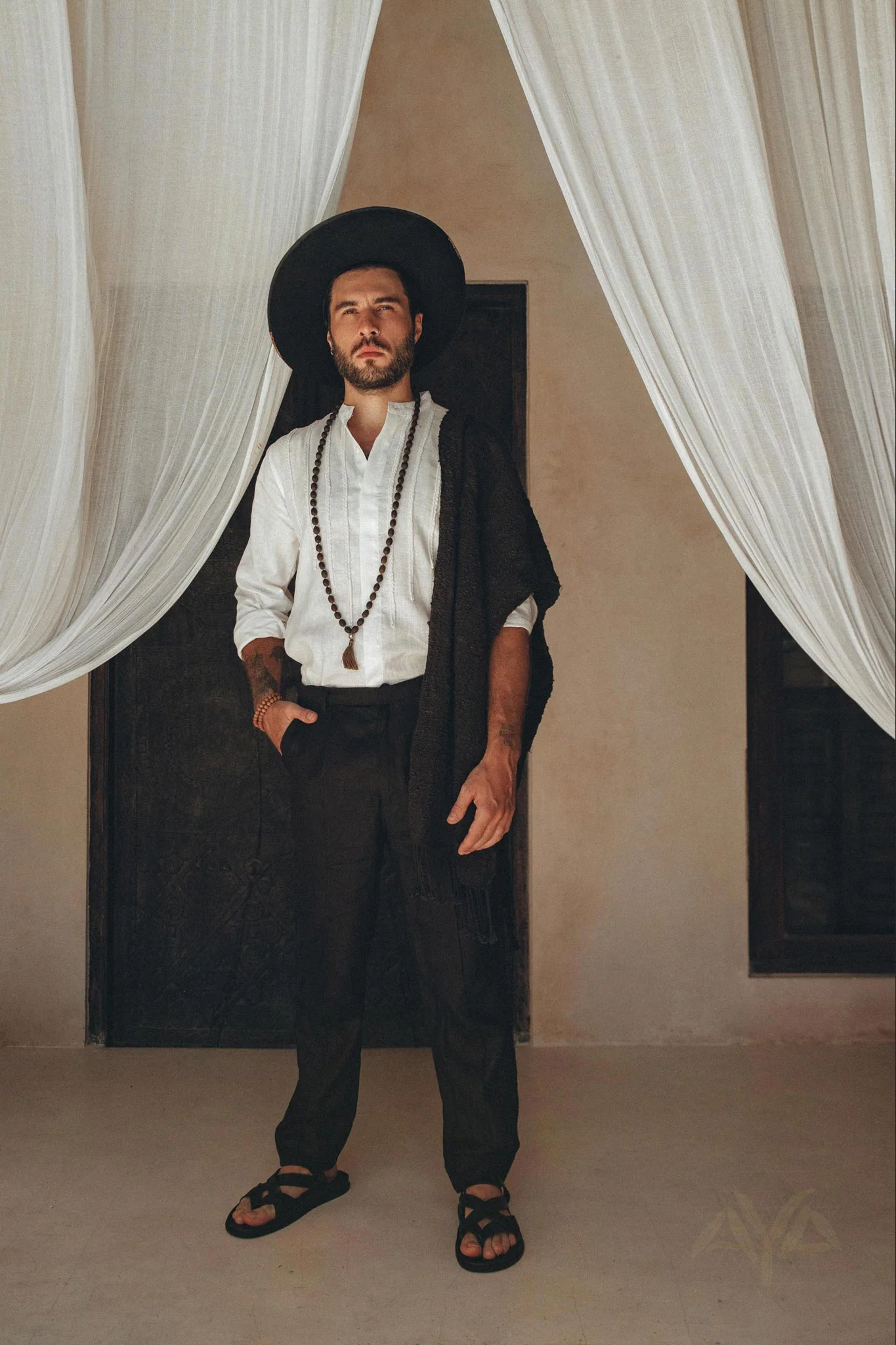Off-White Linen Shirt for Men with Handmade Braids - Image 2