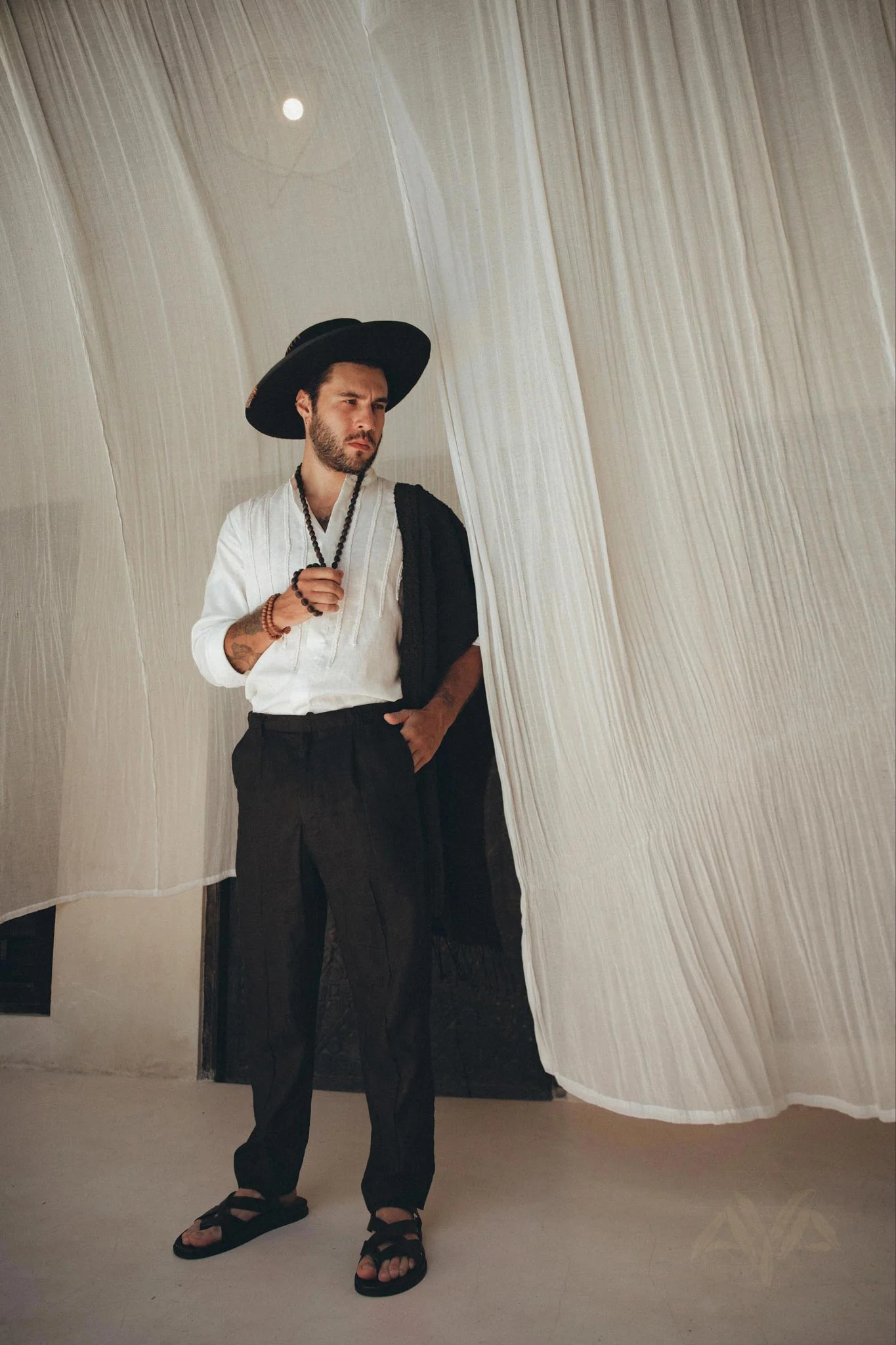 Off-White Linen Shirt for Men with Handmade Braids - Image 3
