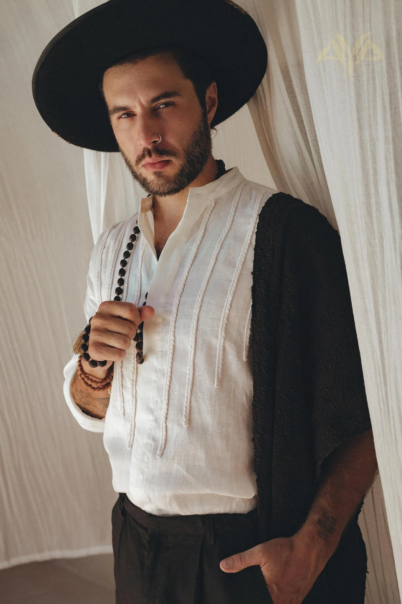 Off-White Linen Shirt for Men with Handmade Braids - Image 4