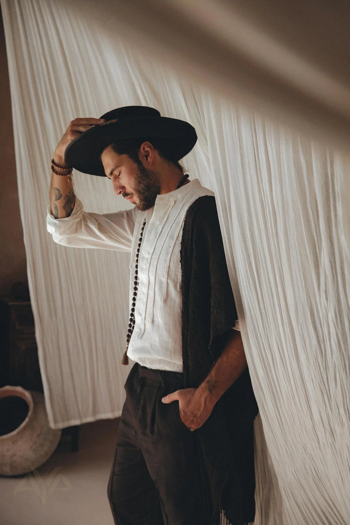 Off-White Linen Shirt for Men with Handmade Braids - Image 5