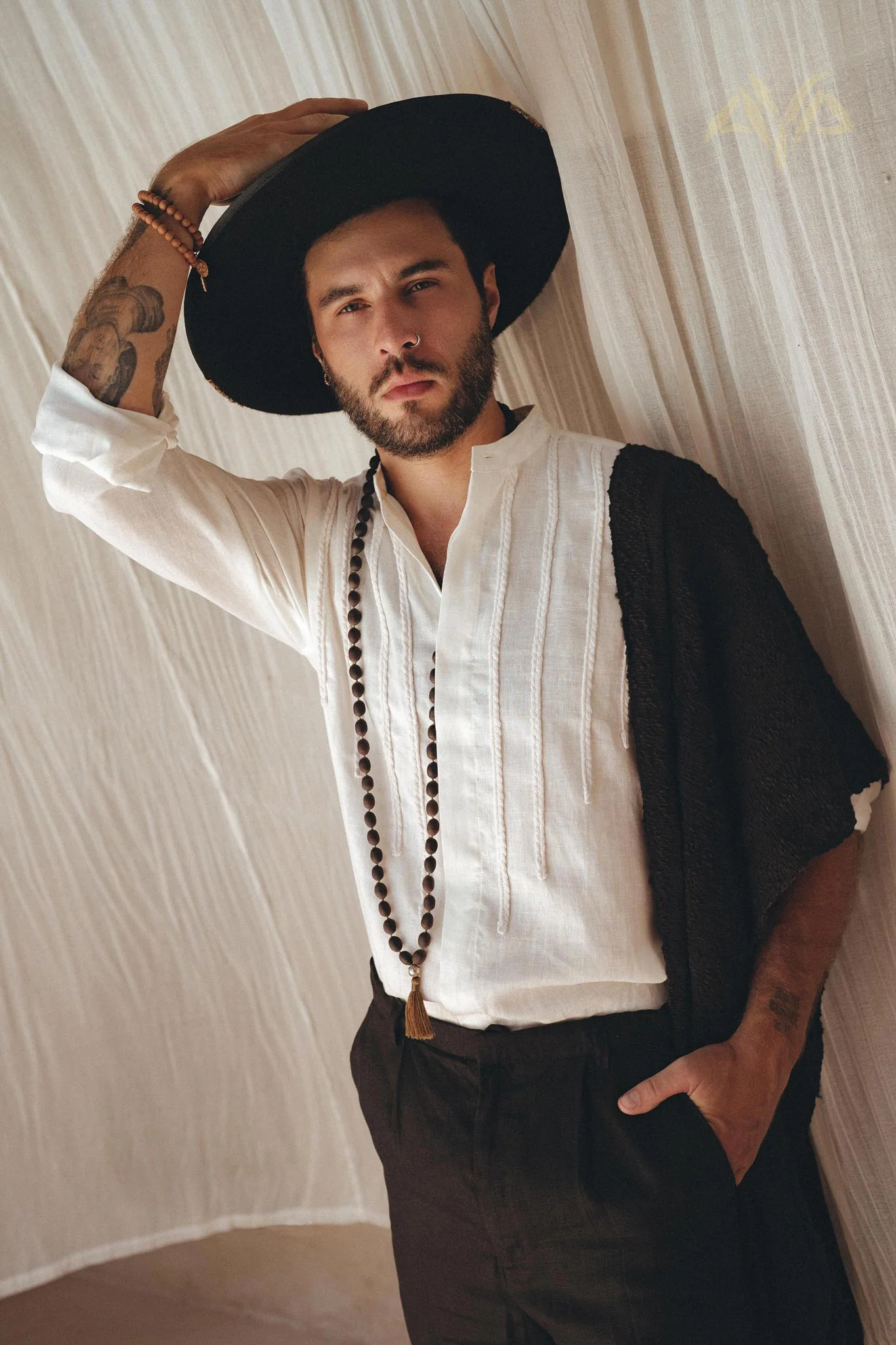 Off-White Linen Shirt for Men with Handmade Braids - Image 6