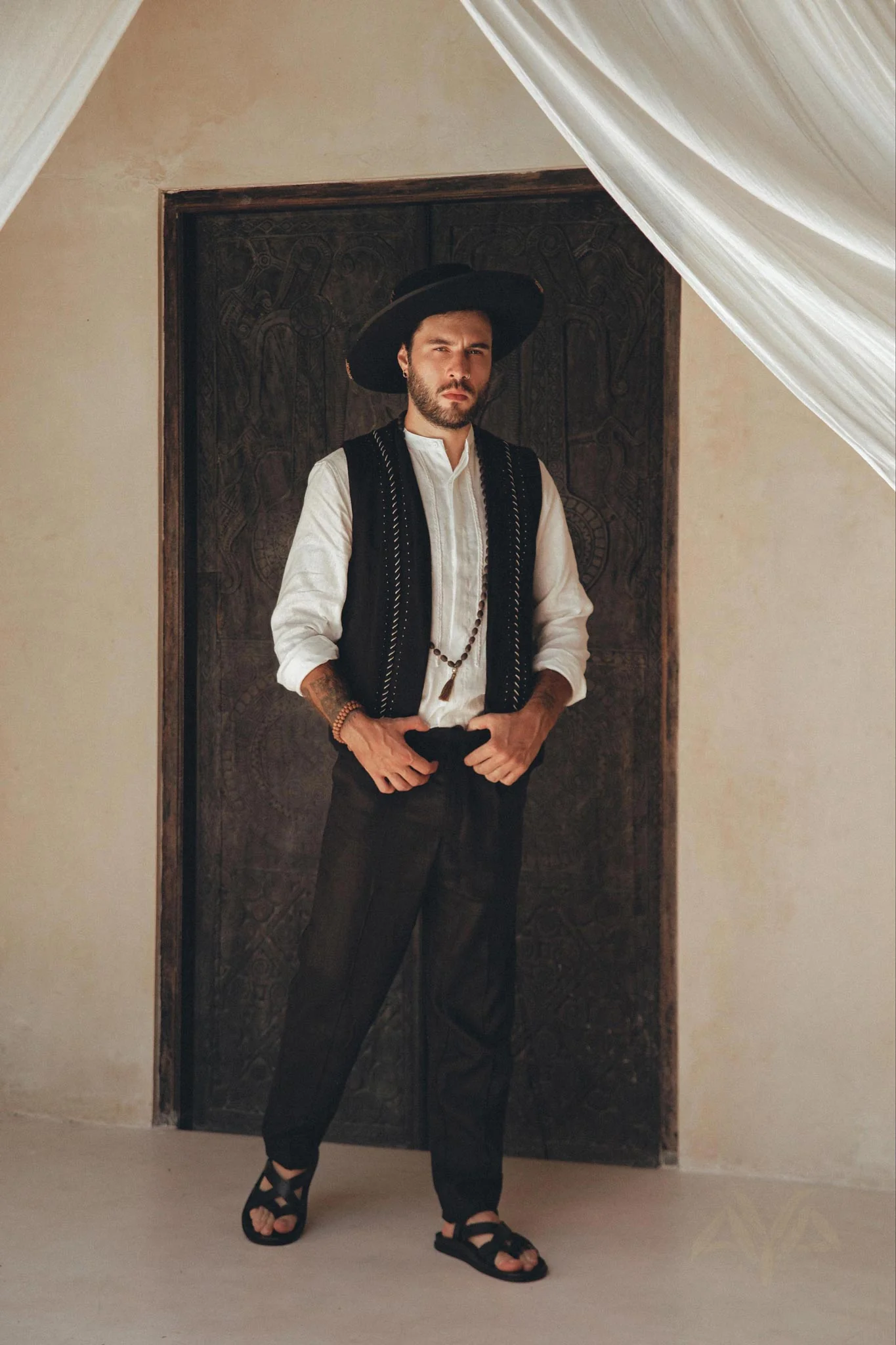 Off-White Linen Shirt for Men with Handmade Braids - Image 7