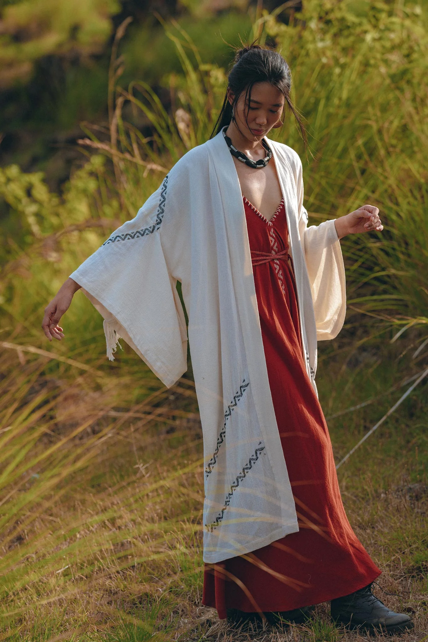 Off-White Organic Cotton Cardigan • Hand Embroidered Boho Overcoat Robe - Image 9