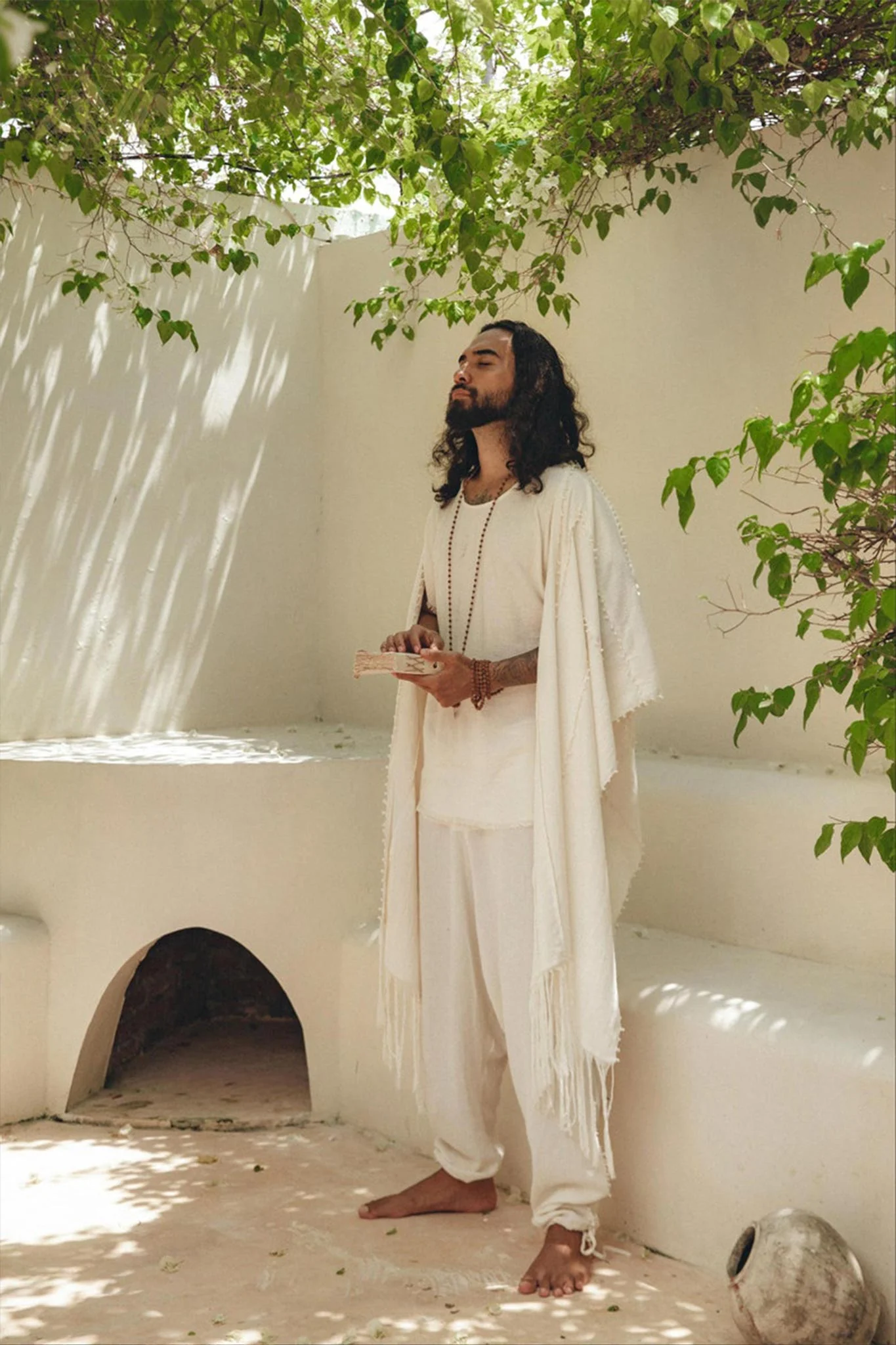 White Raw Cotton Minimalist Poncho for Men - Image 10
