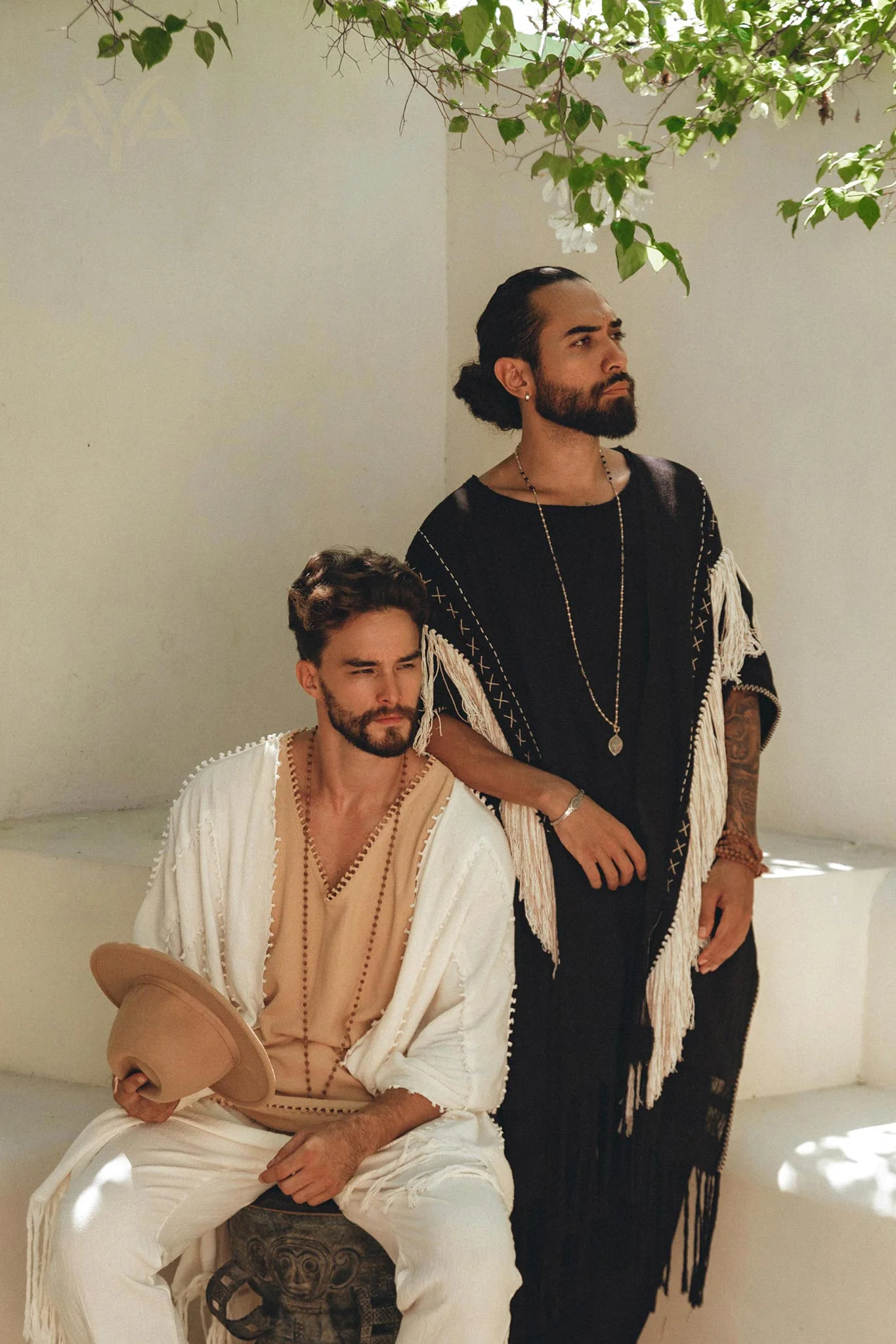 White Raw Cotton Minimalist Poncho for Men - Image 8