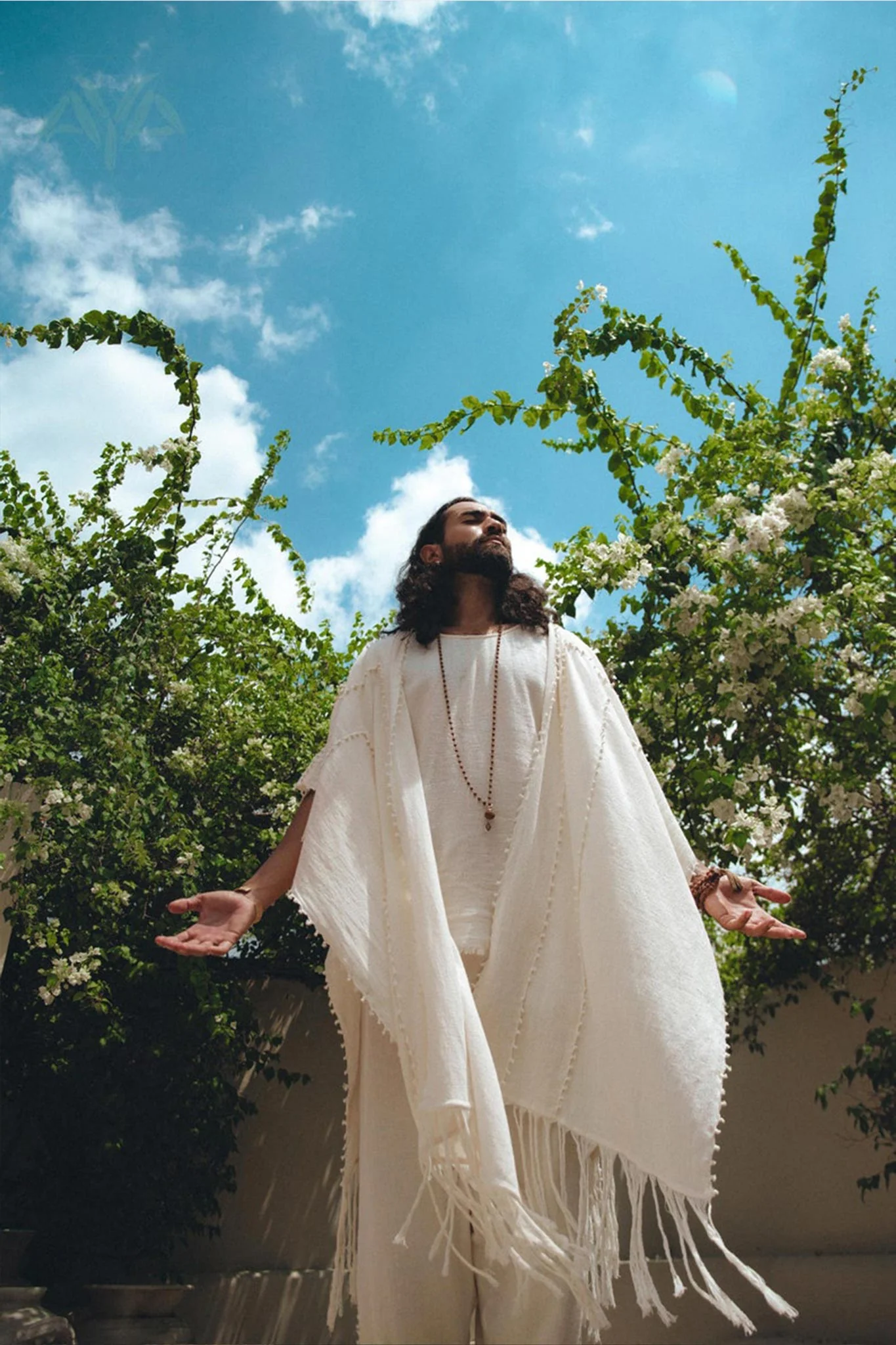 White Raw Cotton Minimalist Poncho for Men - Image 9