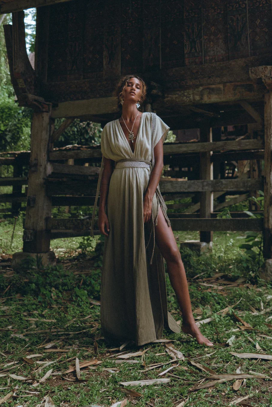 Off-White with Green Boho Dress • Bohemian Organically Dyed Dress