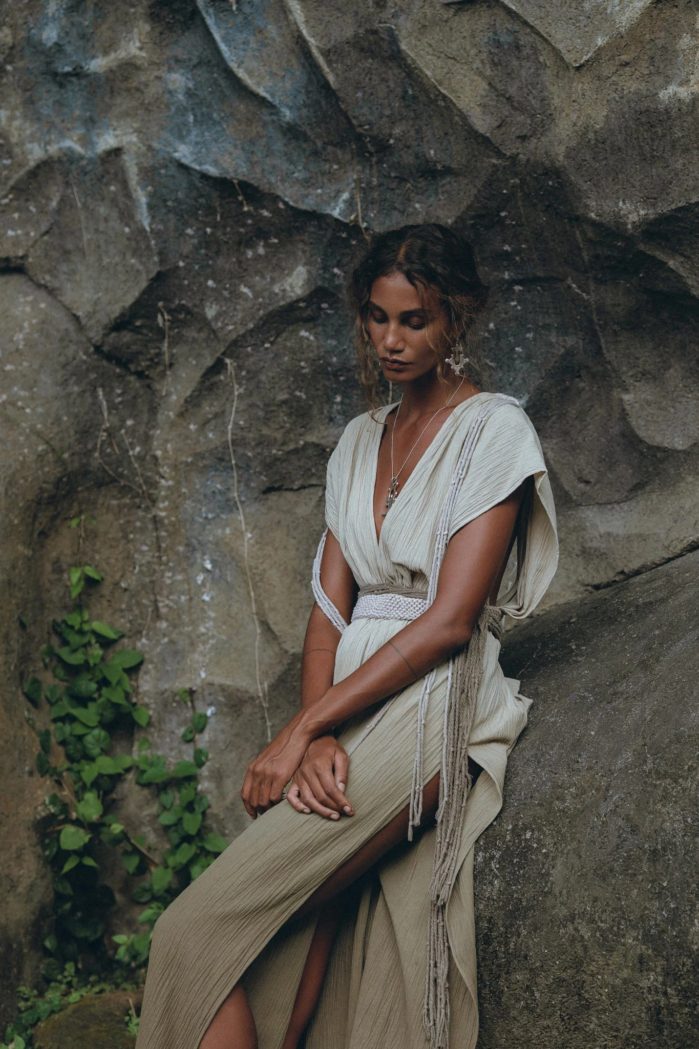 Off-White with Green Boho Dress • Bohemian Organically Dyed Dress - Image 2