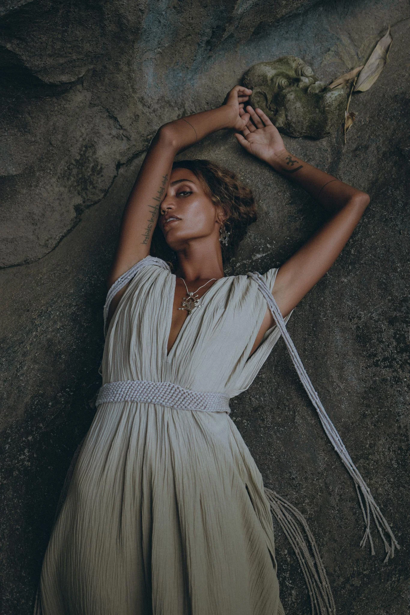 Off-White with Green Boho Dress • Bohemian Organically Dyed Dress - Image 3