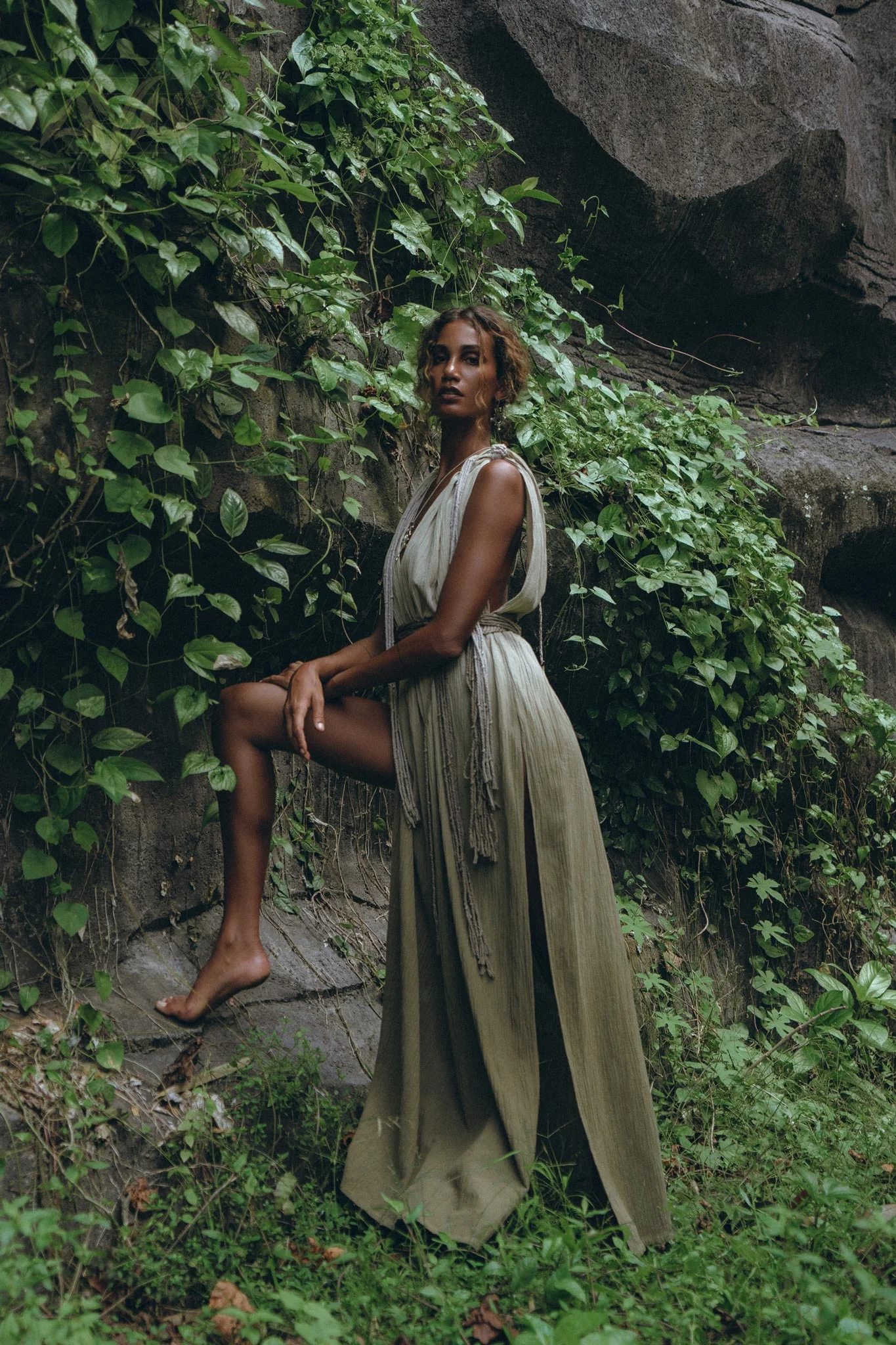 Off-White with Green Boho Dress • Bohemian Organically Dyed Dress - Image 4