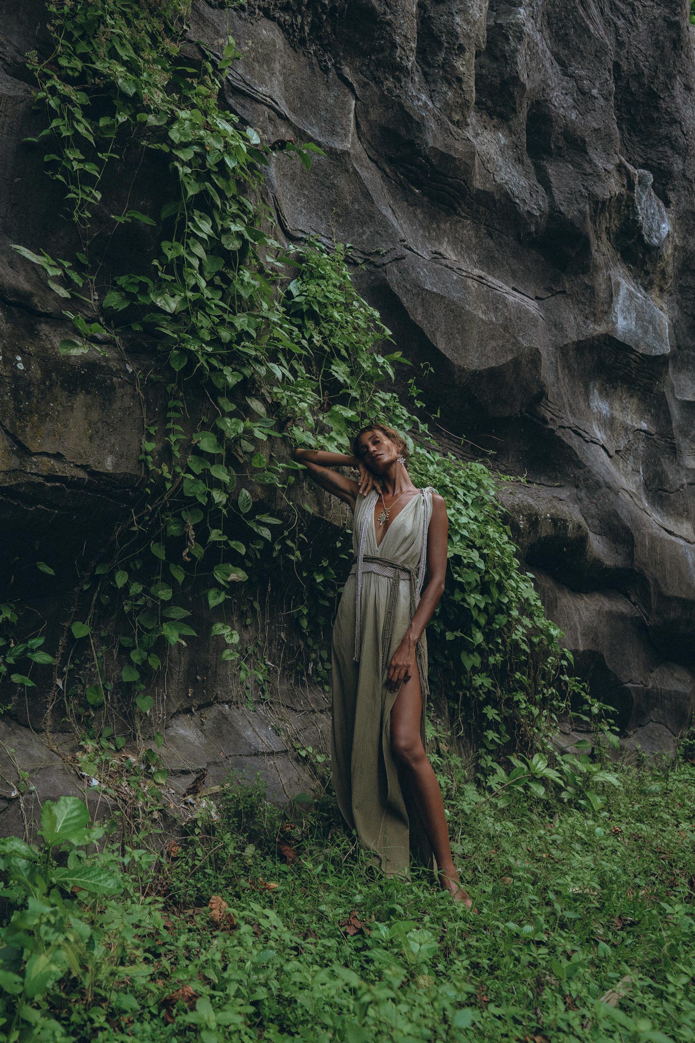 Off-White with Green Boho Dress • Bohemian Organically Dyed Dress - Image 5