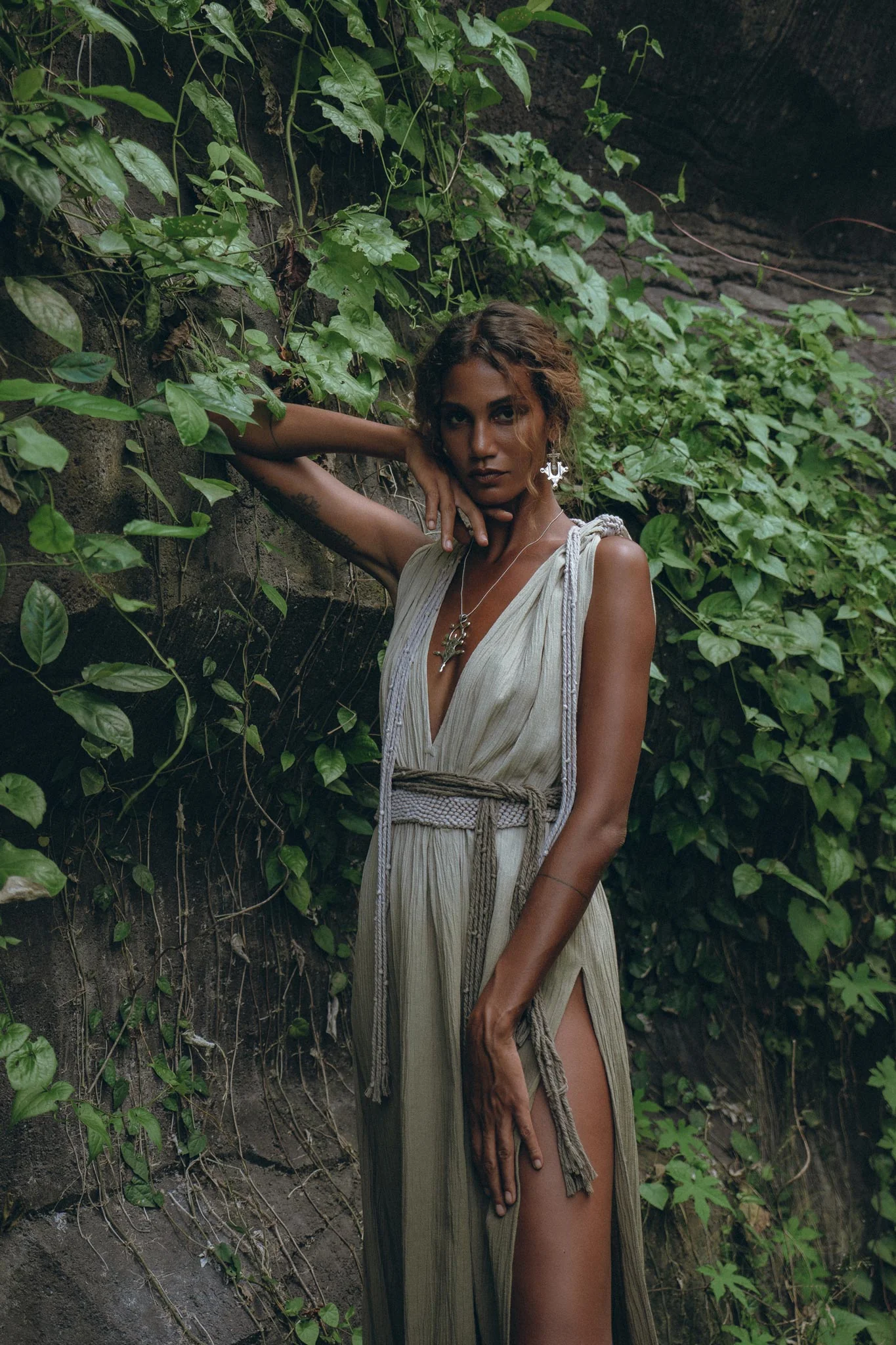 Off-White with Green Boho Dress • Bohemian Organically Dyed Dress - Image 6