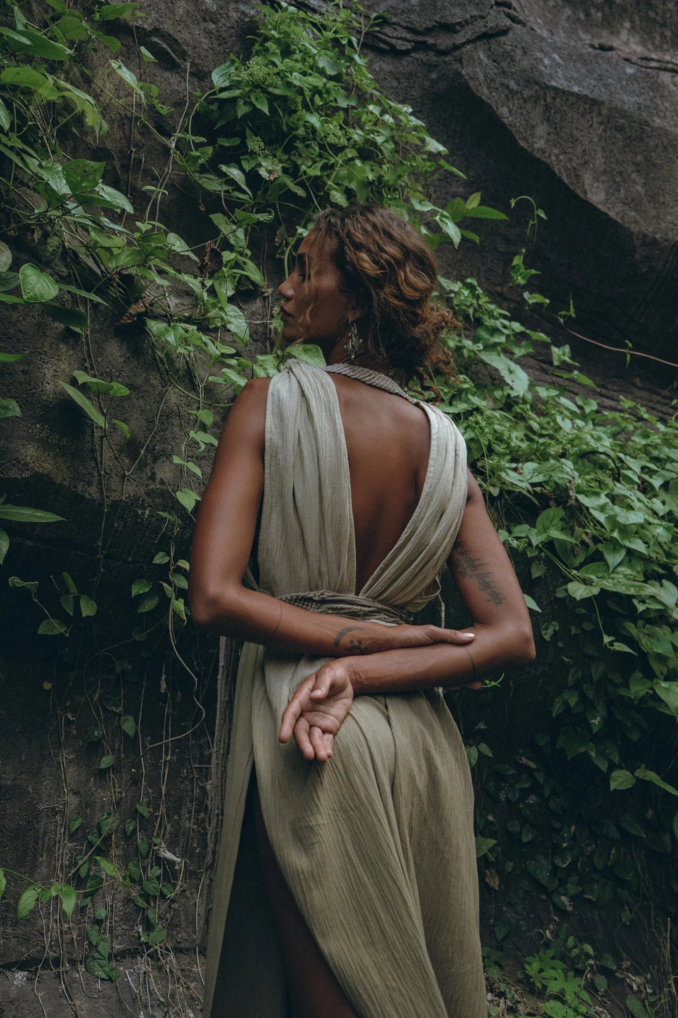 Off-White with Green Boho Dress • Bohemian Organically Dyed Dress - Image 7