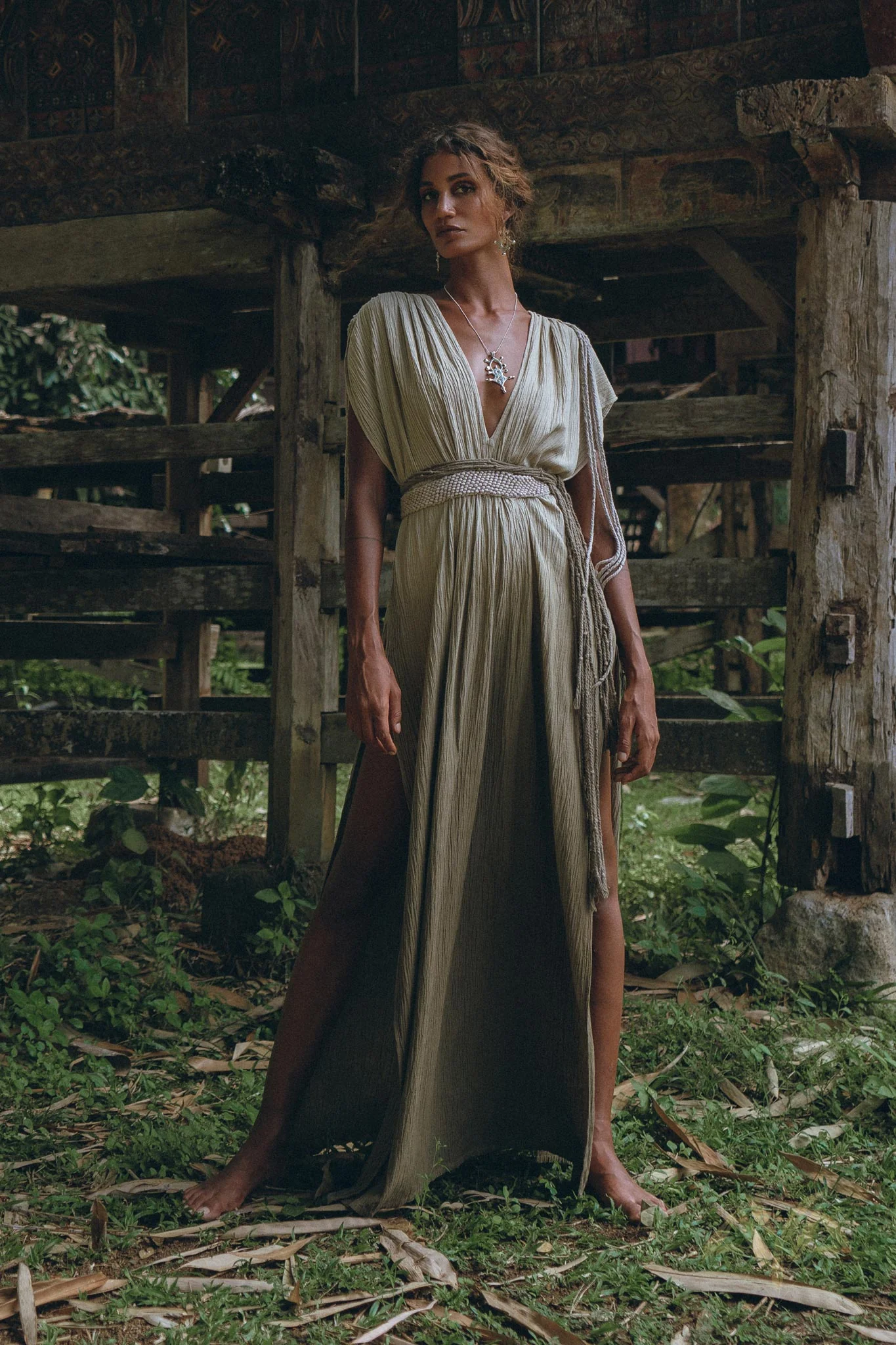 Off-White with Green Boho Dress • Bohemian Organically Dyed Dress - Image 9