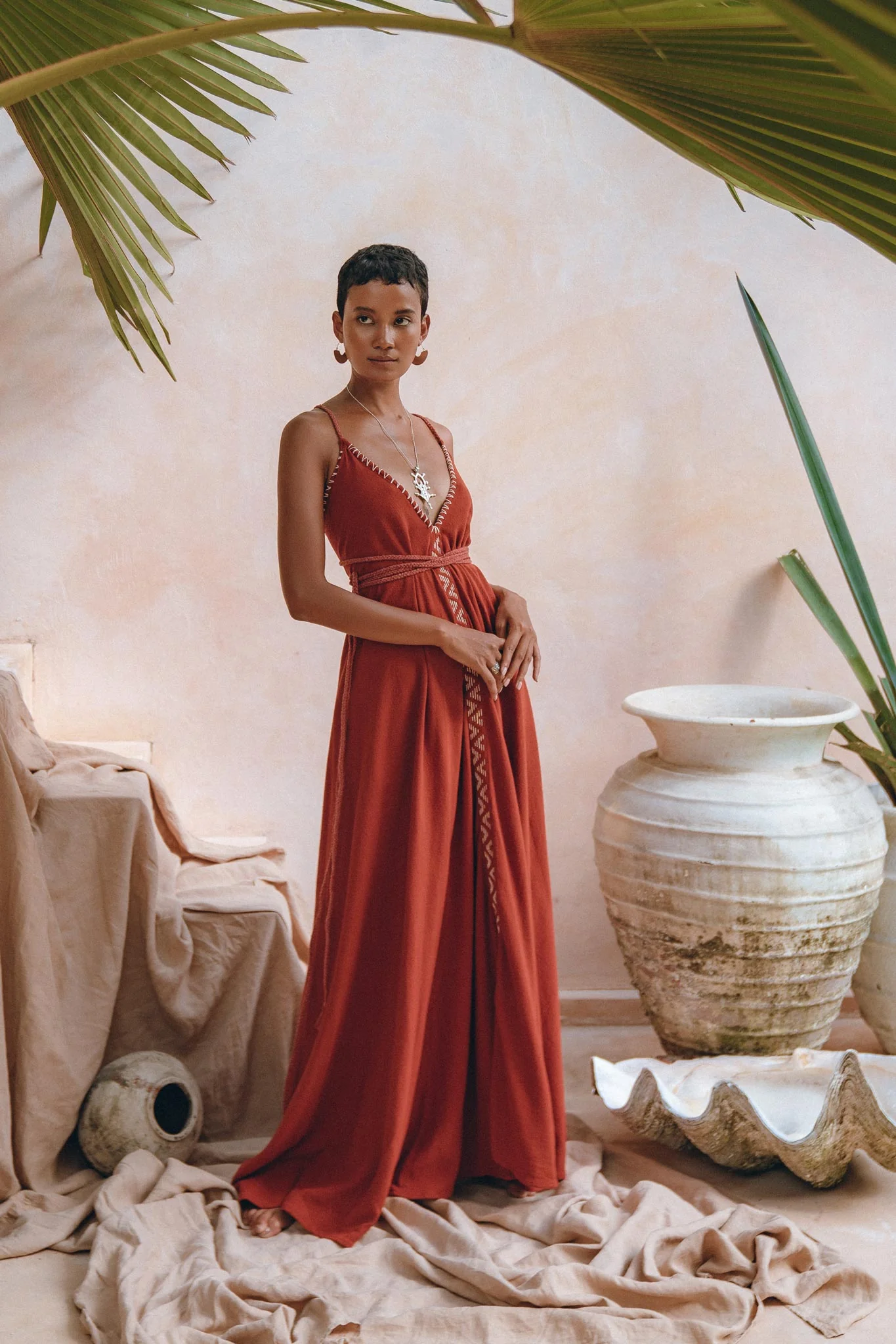Organic Red Cotton Maxi Dress • Sleeveless Hand Embroidered Dress - Image 3