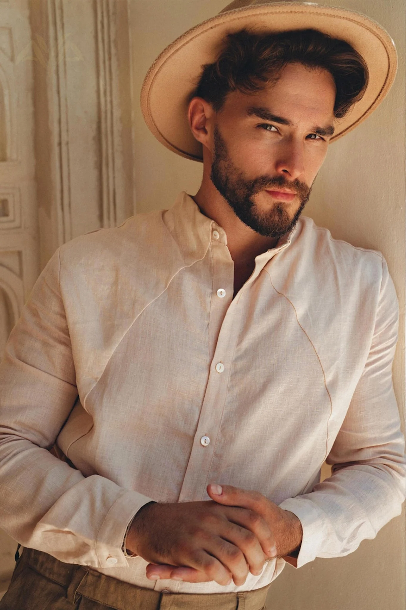 Pale Pink Linen Classic Minimalist Shirt for Men - Image 3