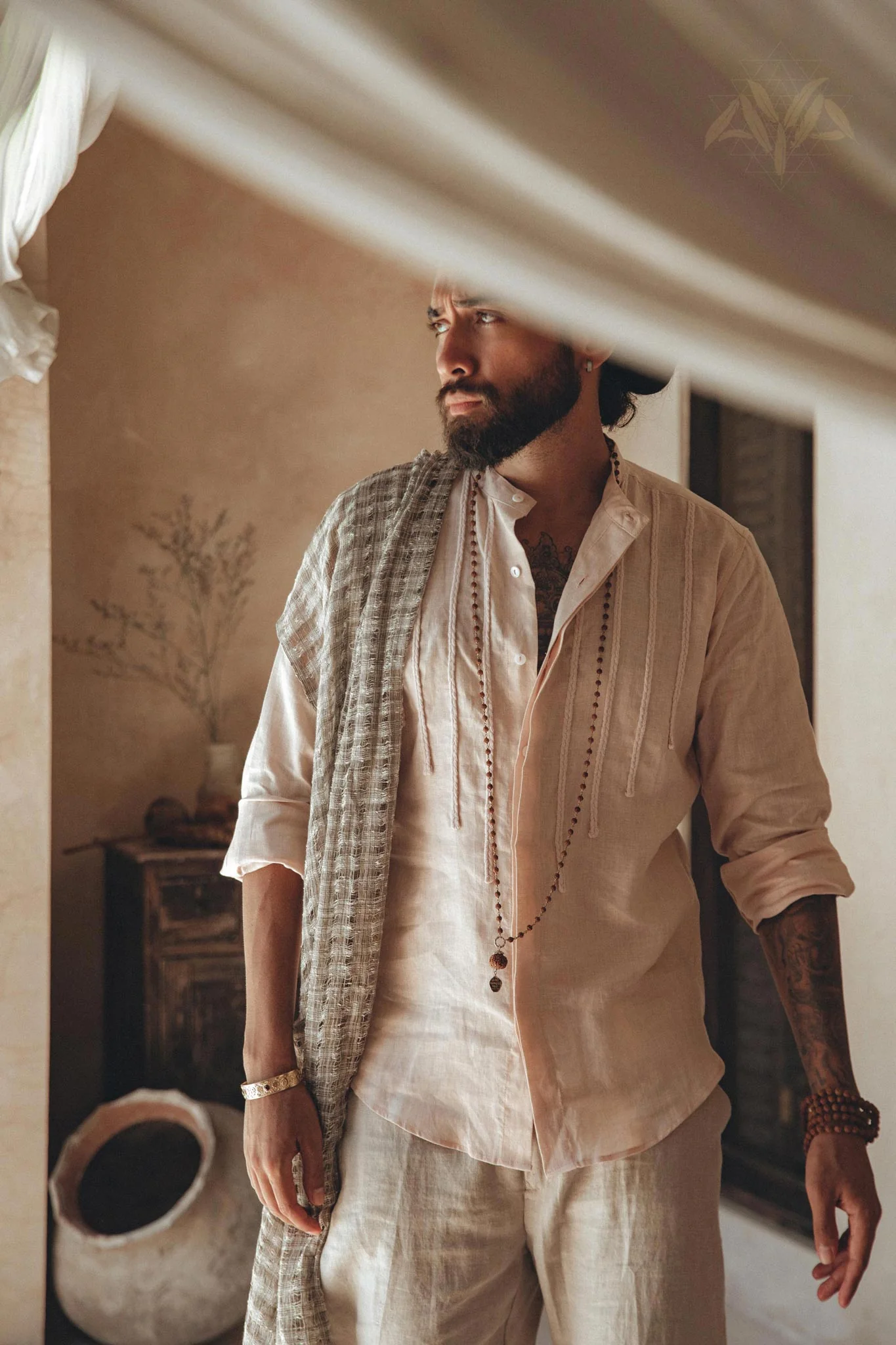 Pale Pink Linen Shirt for Men with Handmade Braids - Image 5