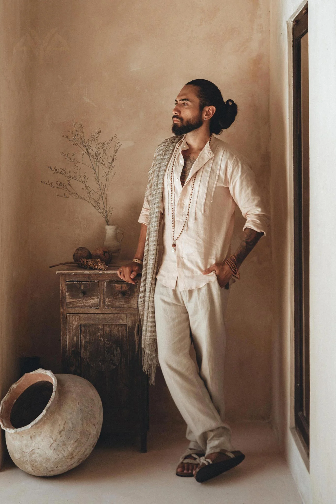 Pale Pink Linen Shirt for Men with Handmade Braids - Image 9