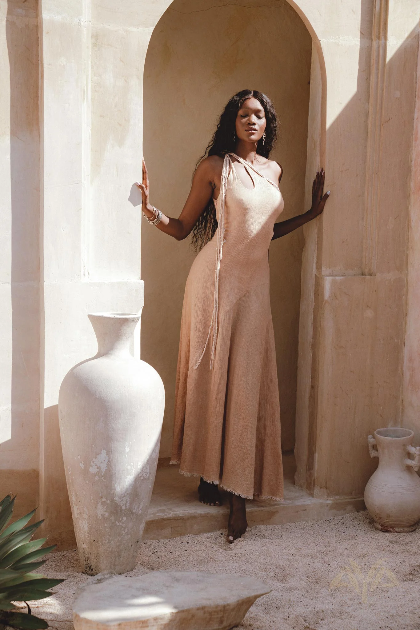 Powder Pink Aisha Dress • Greek Goddess Dress • Asymmetrical Bridesmaid Dress - Image 3