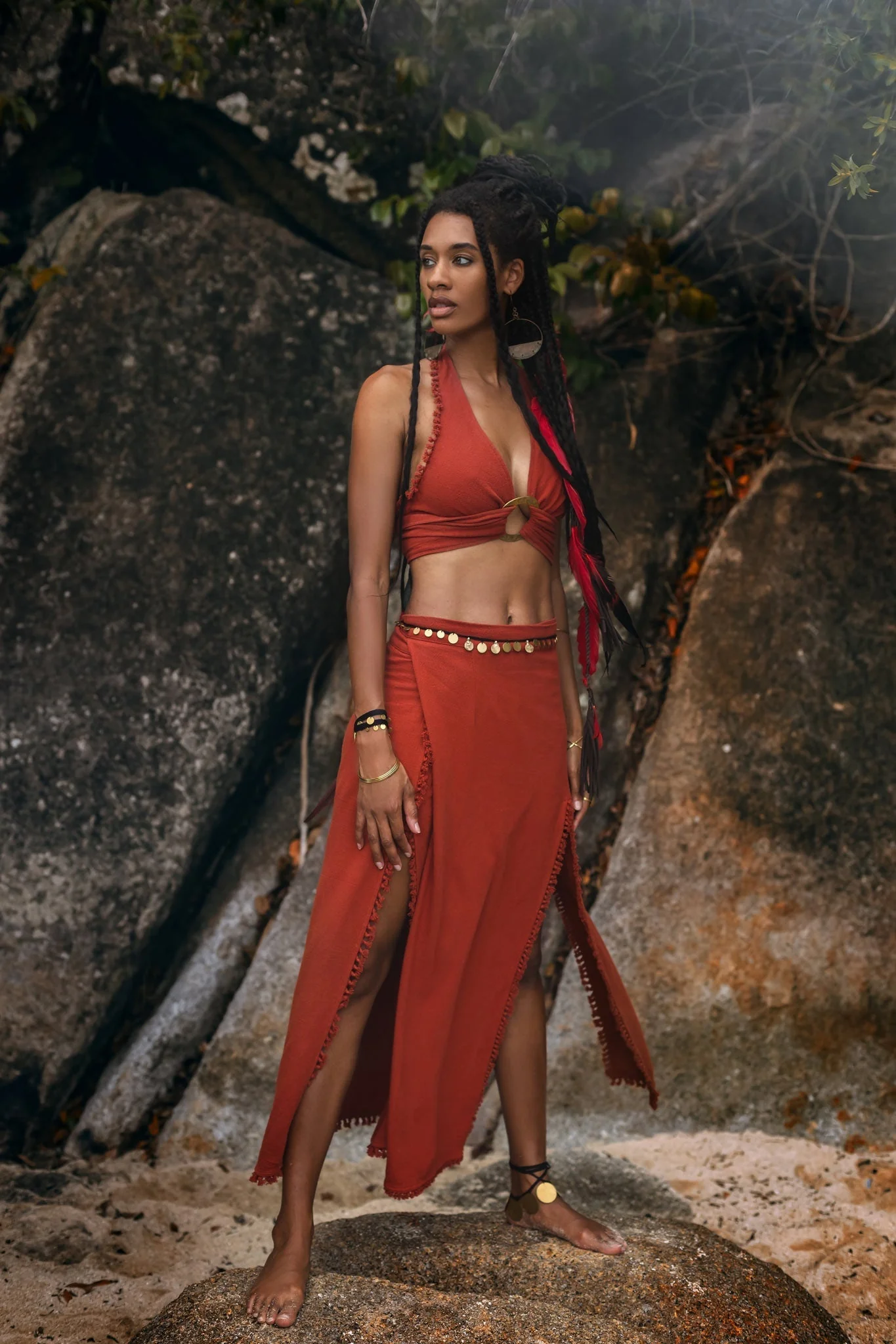 Red Boho Crop Top • Bohemian Top with Handmade Knots - Image 5