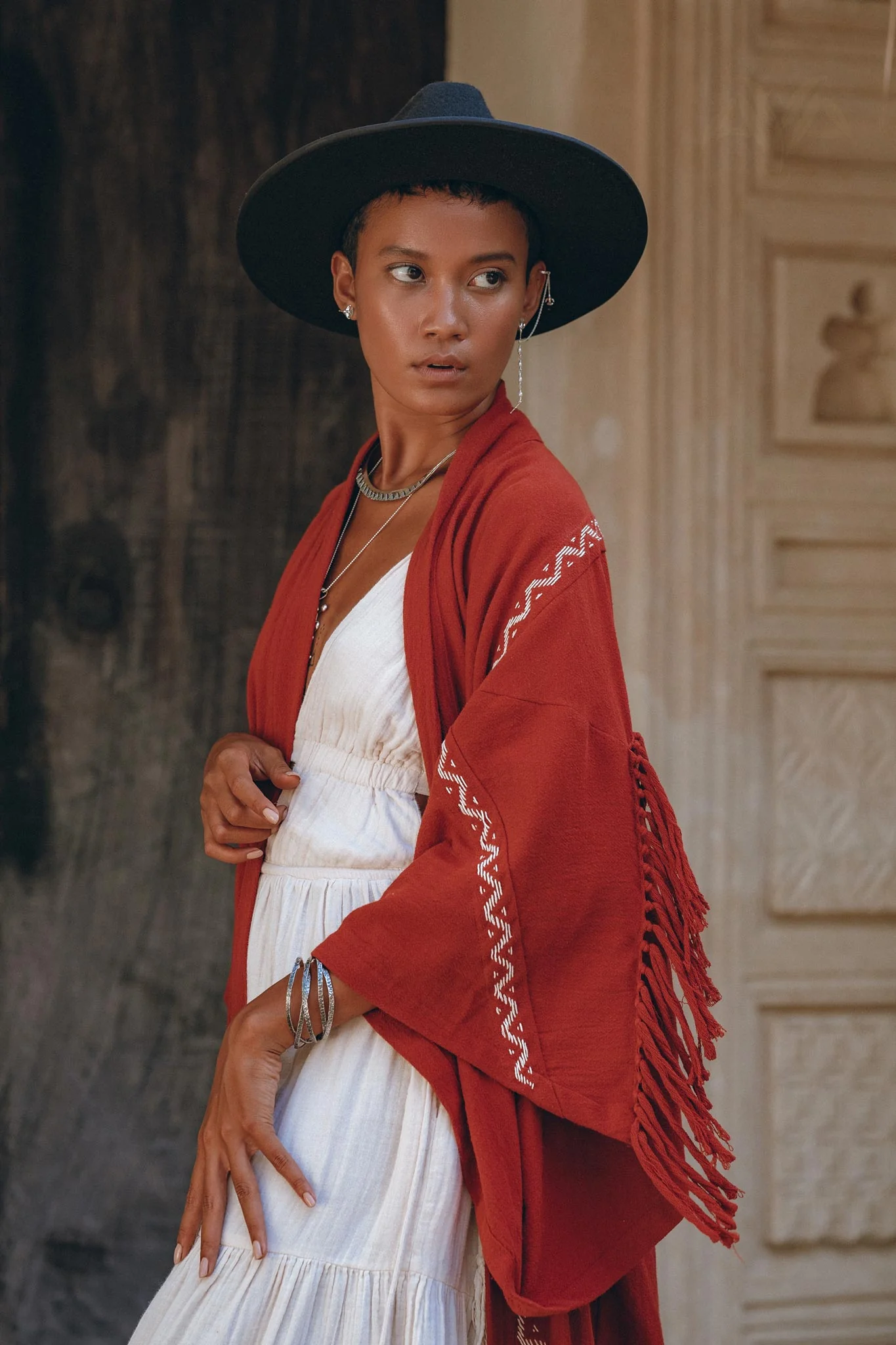 Red Organic Poncho Cape • Boho Cardigan Women • Cotton Kimono Cover Up - Image 10
