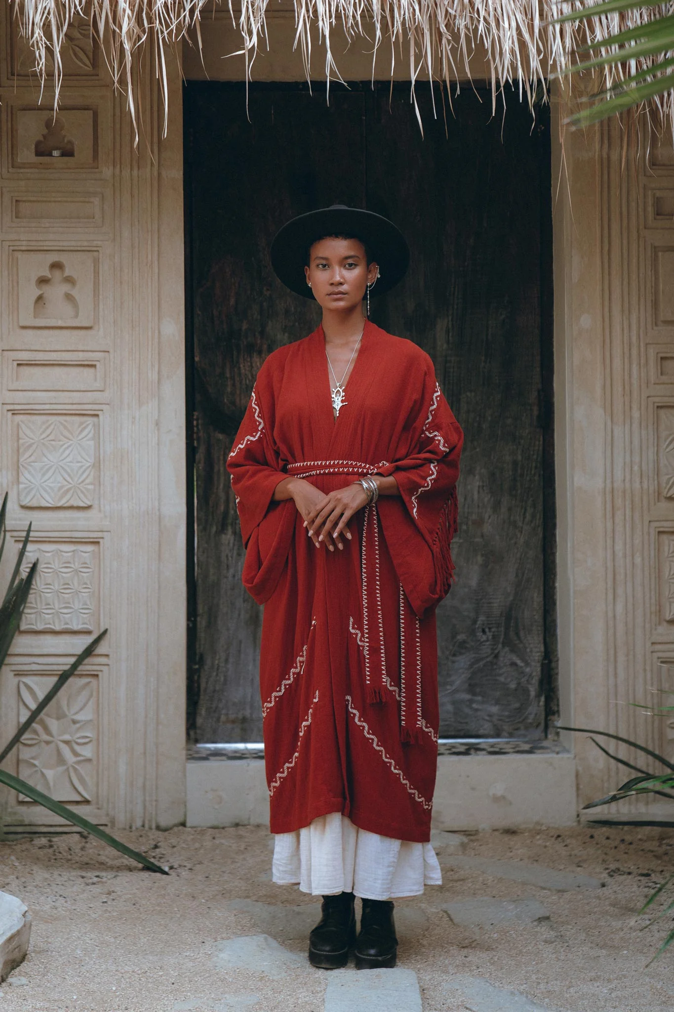 Red Organic Poncho Cape • Boho Cardigan Women • Cotton Kimono Cover Up - Image 2