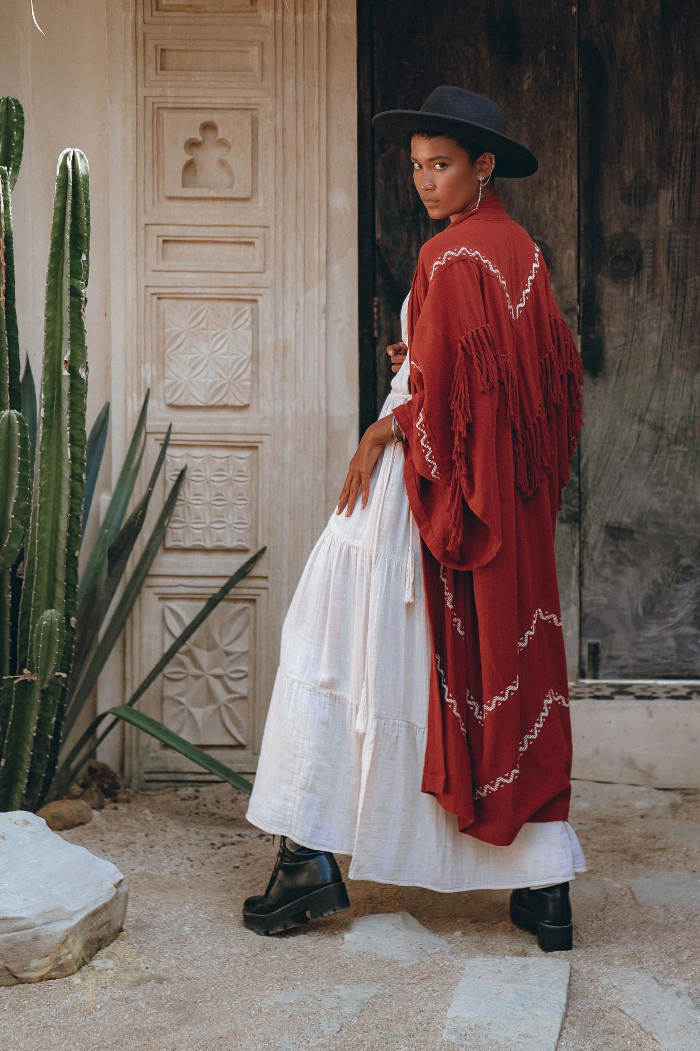Red Organic Poncho Cape • Boho Cardigan Women • Cotton Kimono Cover Up - Image 3