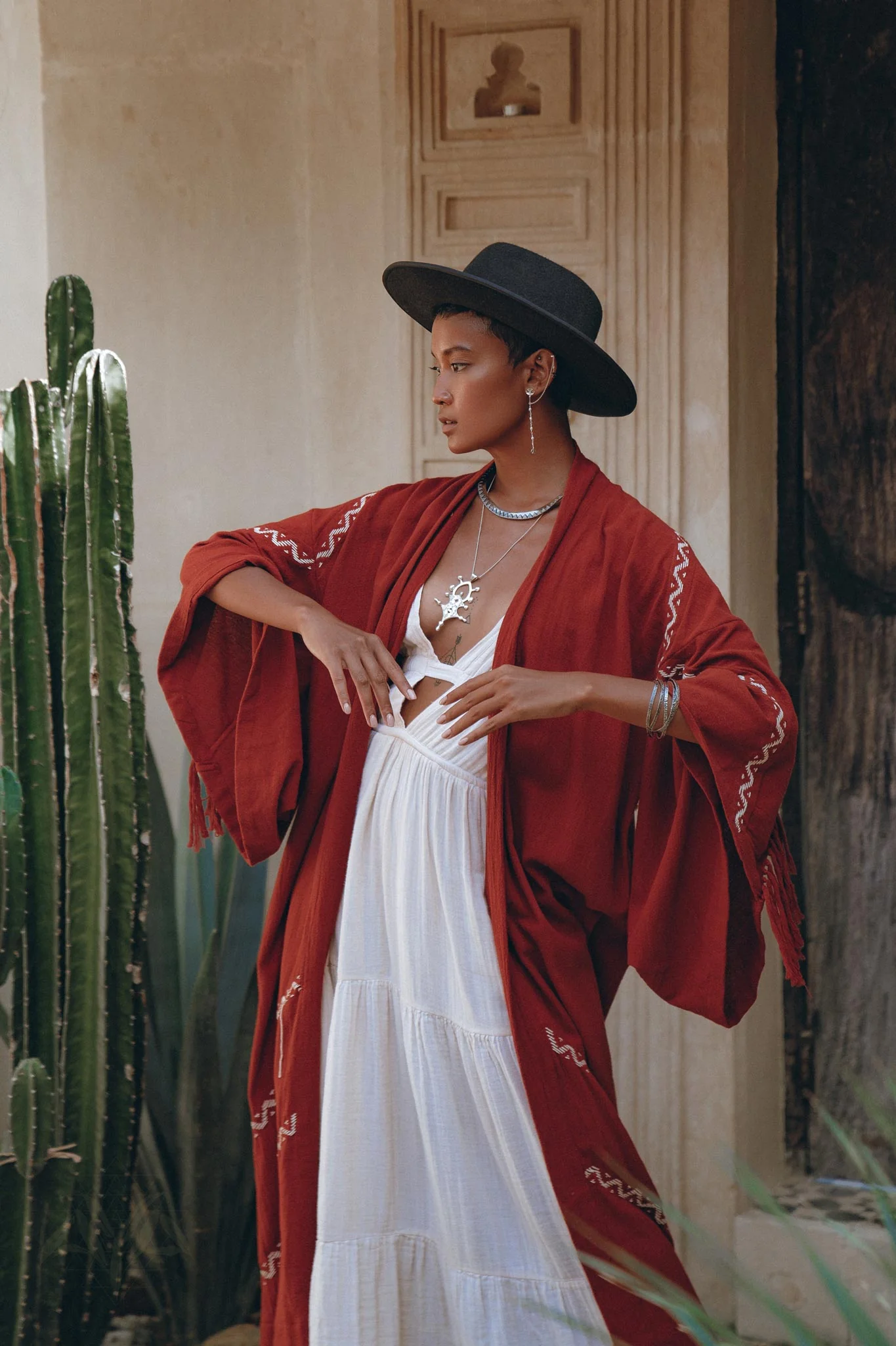 Red Organic Poncho Cape • Boho Cardigan Women • Cotton Kimono Cover Up - Image 4