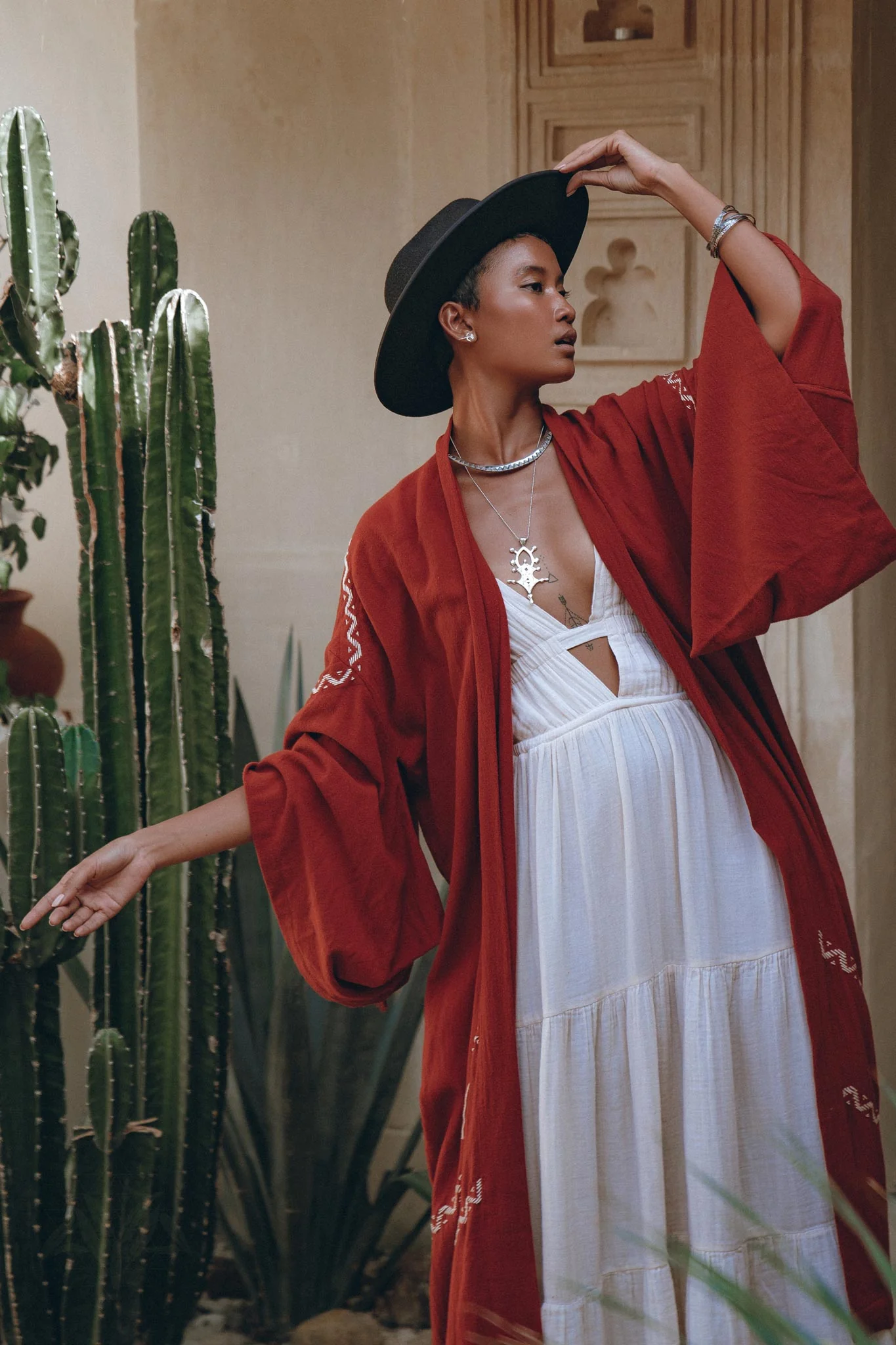 Red Organic Poncho Cape • Boho Cardigan Women • Cotton Kimono Cover Up - Image 5