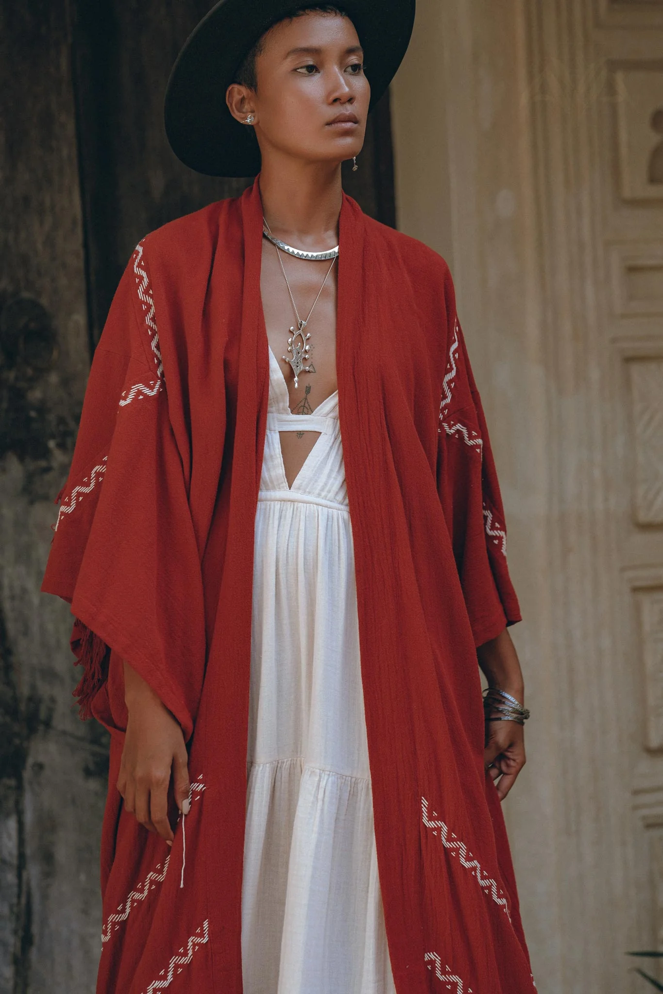 Red Organic Poncho Cape • Boho Cardigan Women • Cotton Kimono Cover Up - Image 6