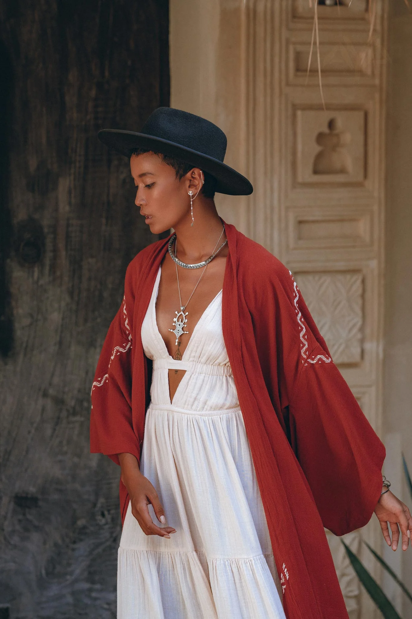 Red Organic Poncho Cape • Boho Cardigan Women • Cotton Kimono Cover Up - Image 8