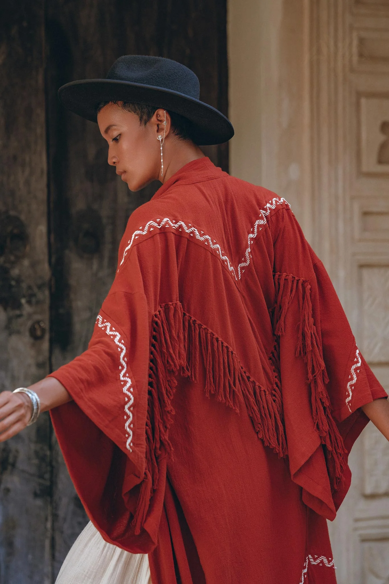Red Organic Poncho Cape • Boho Cardigan Women • Cotton Kimono Cover Up - Image 9