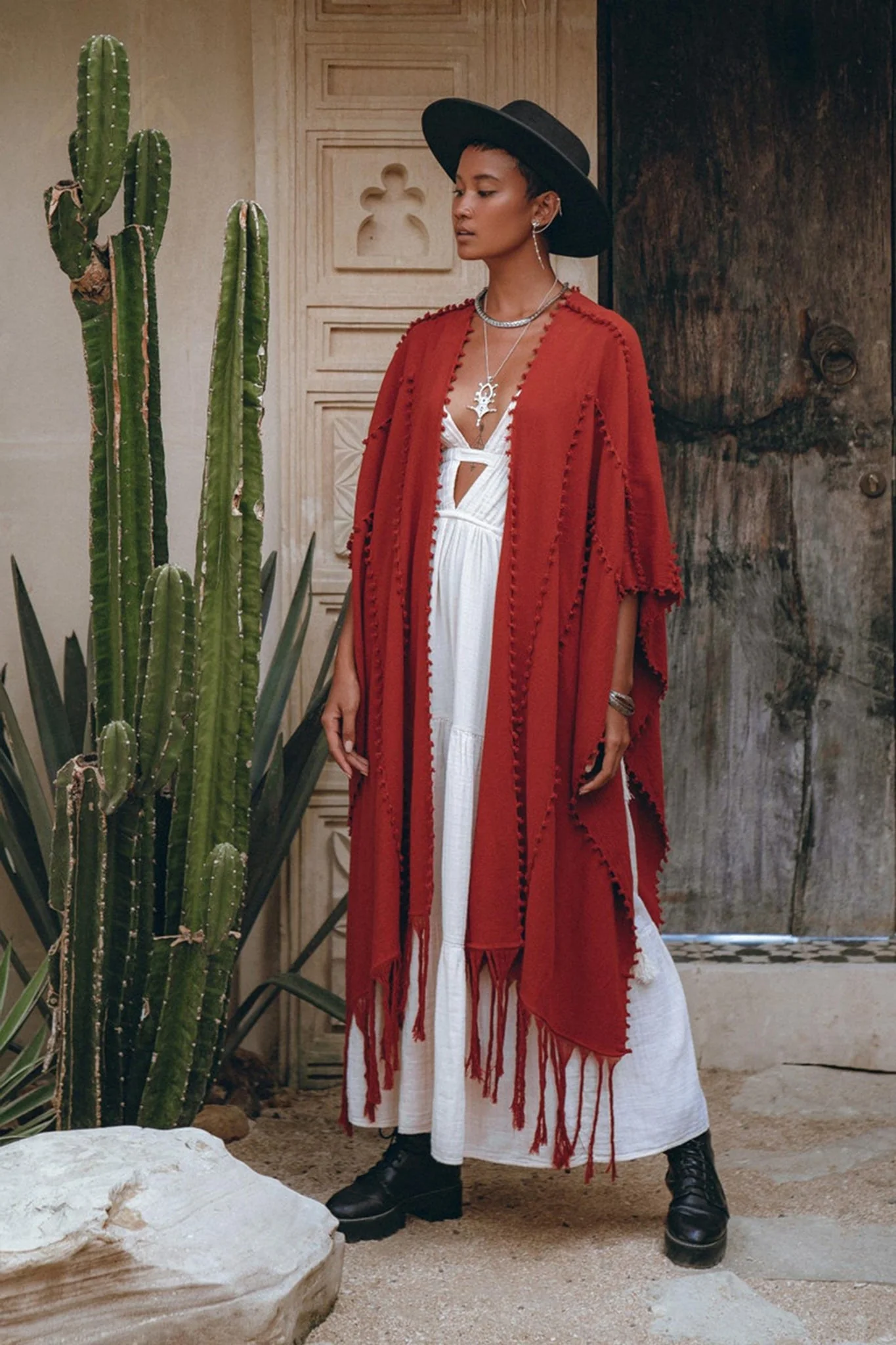 Red Poncho Robe • Boho Cape for Women • Bohemian Kimono Overcoat - Image 3