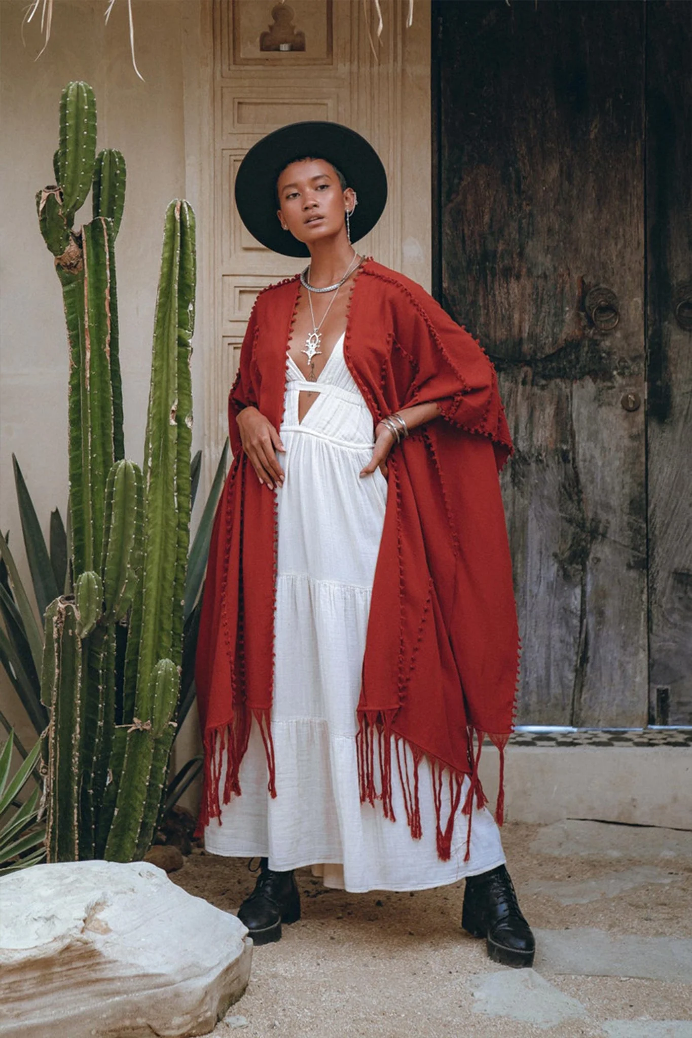 Red Poncho Robe • Boho Cape for Women • Bohemian Kimono Overcoat - Image 4