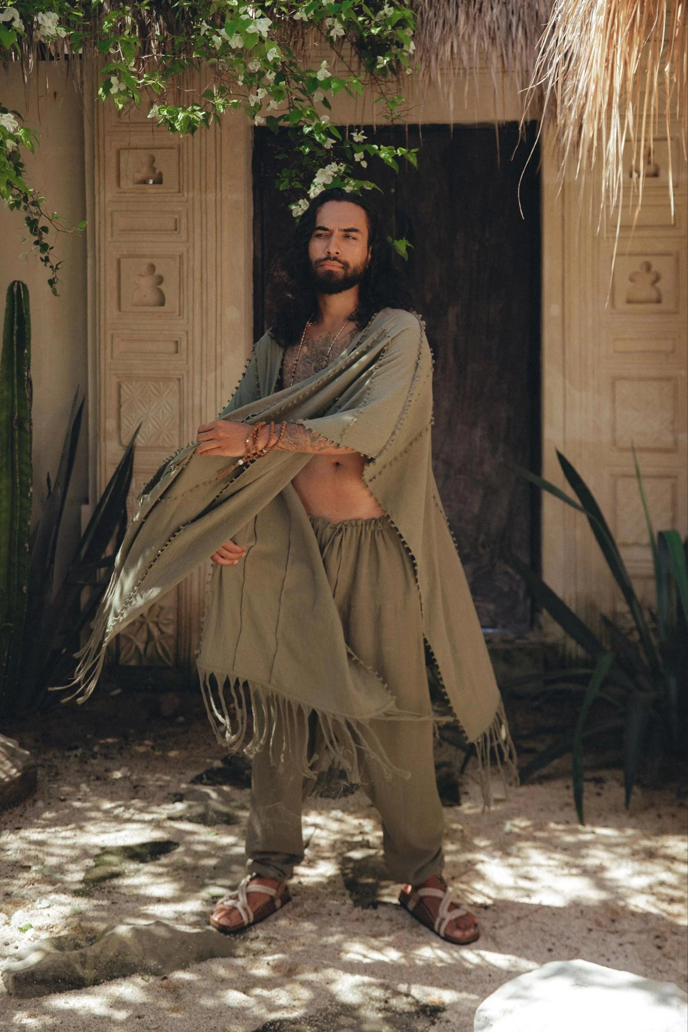 Sage Green Raw Cotton Minimalist Poncho for Men - Image 4