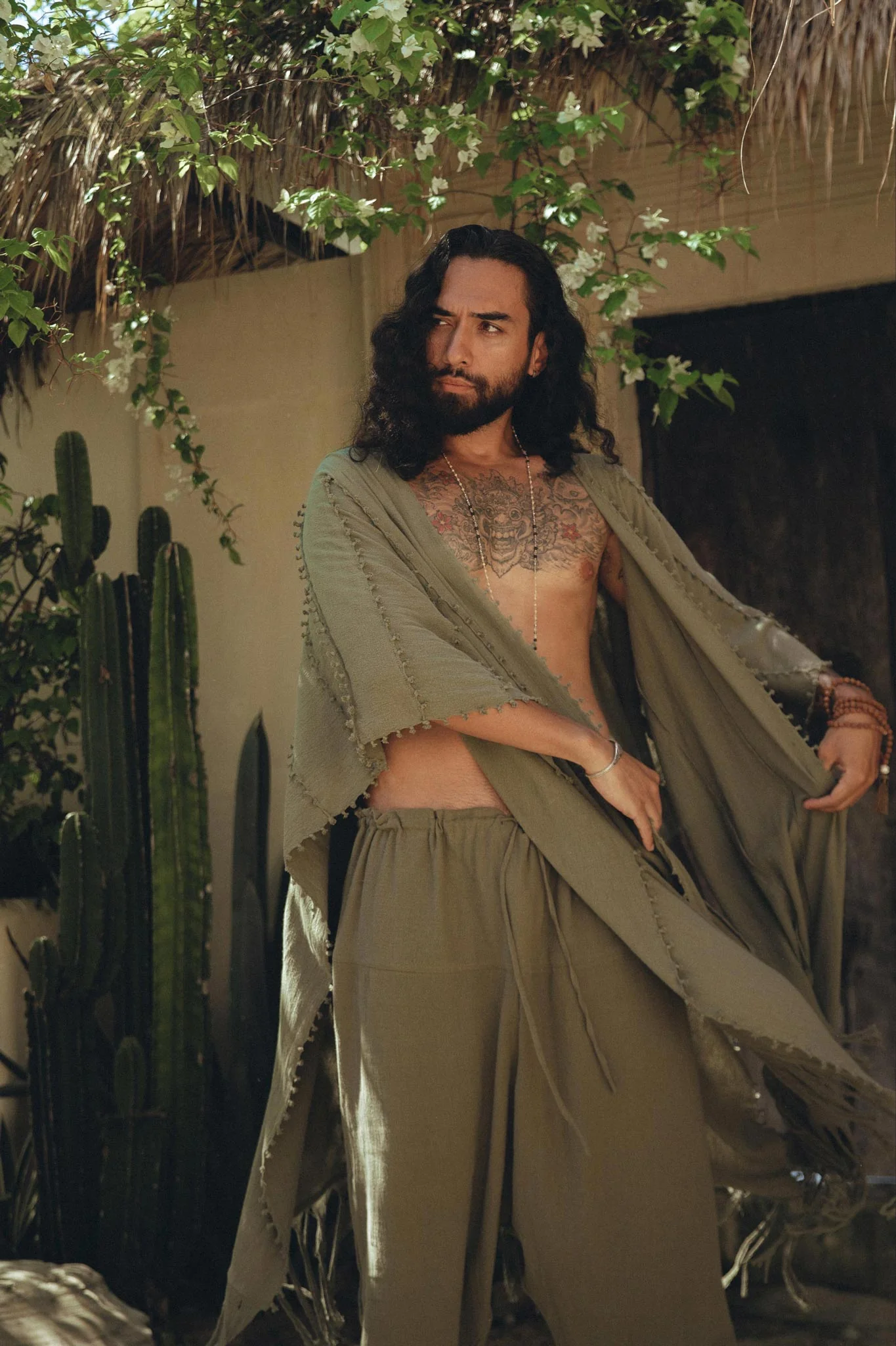 Sage Green Raw Cotton Minimalist Poncho for Men - Image 7