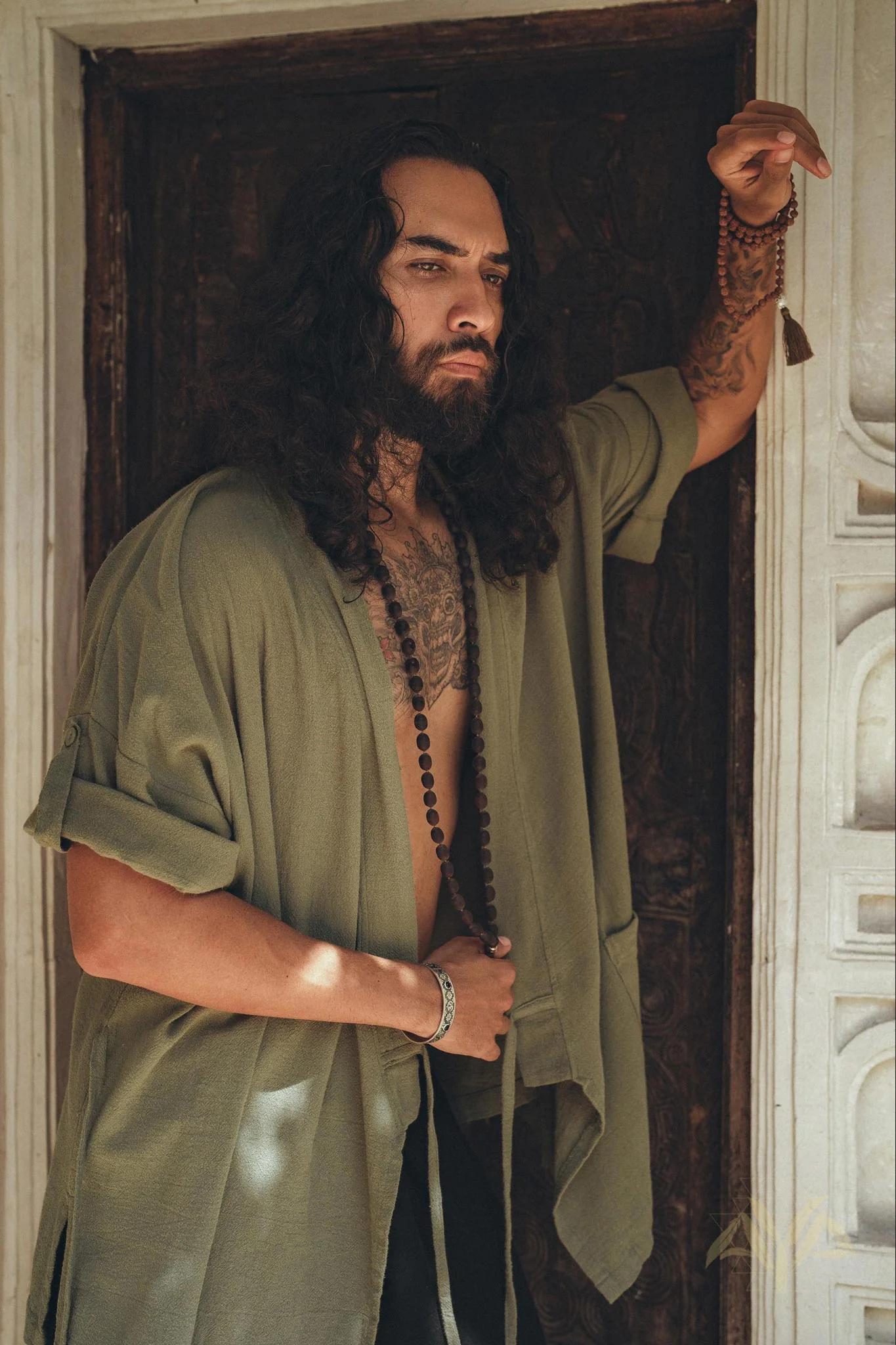 Sage Green Tribal Kimono Robe for Men - Image 2