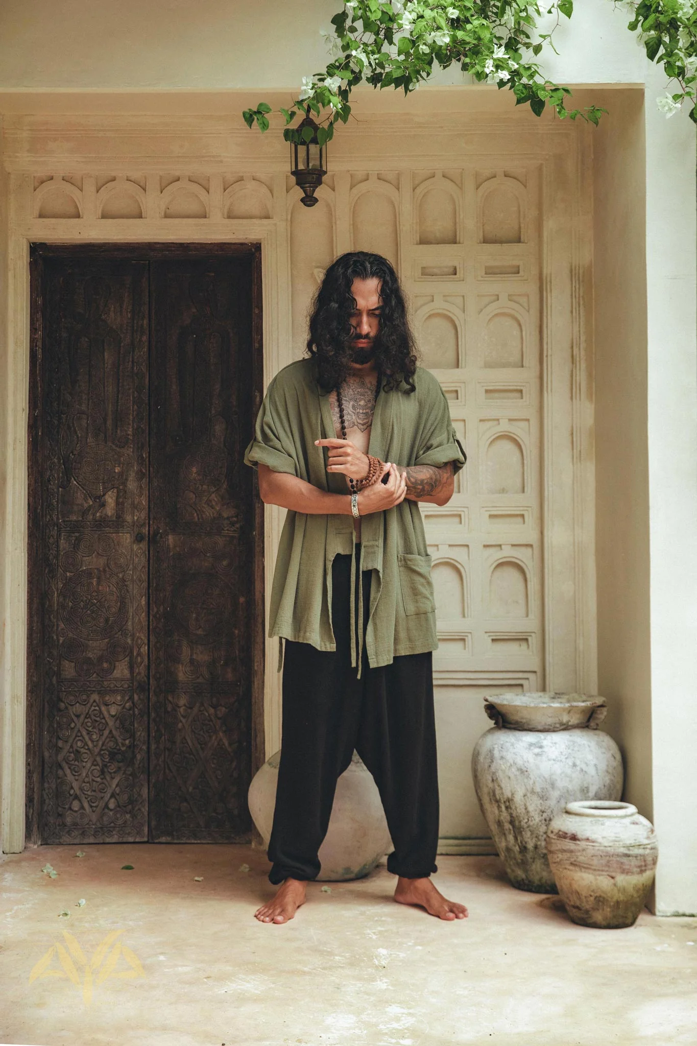 Sage Green Tribal Kimono Robe for Men - Image 4