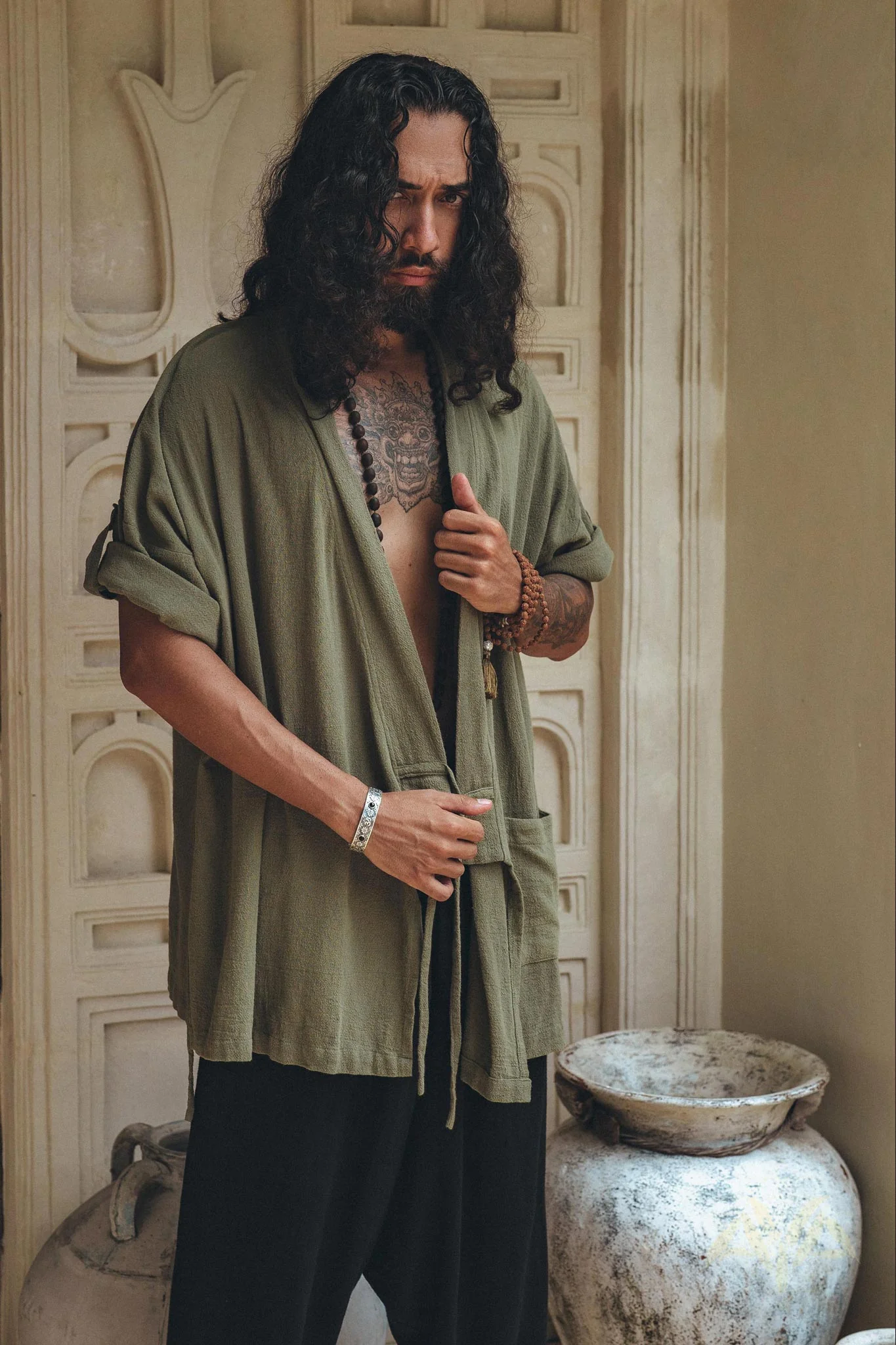 Sage Green Tribal Kimono Robe for Men - Image 5