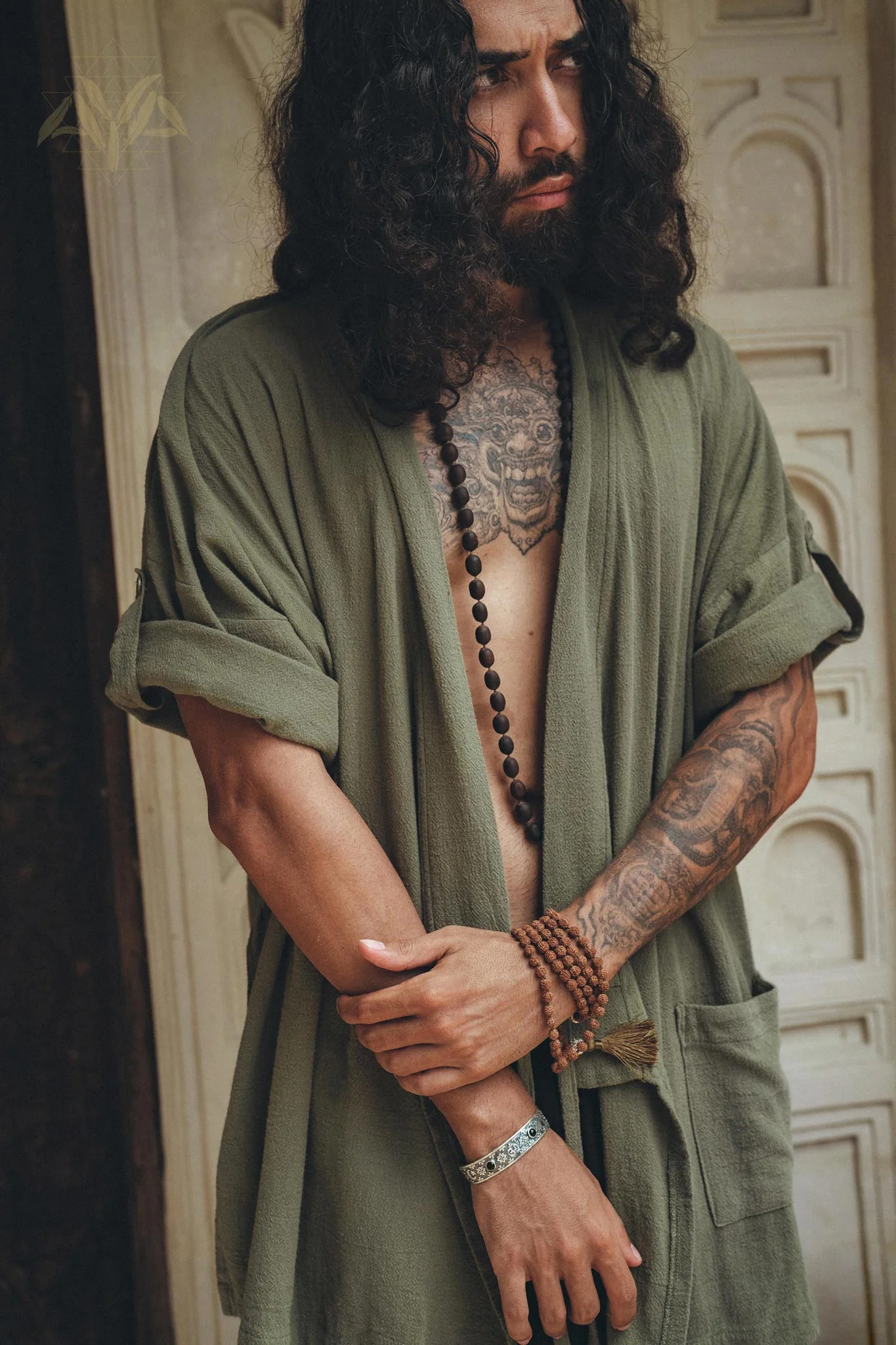 Sage Green Tribal Kimono Robe for Men - Image 6