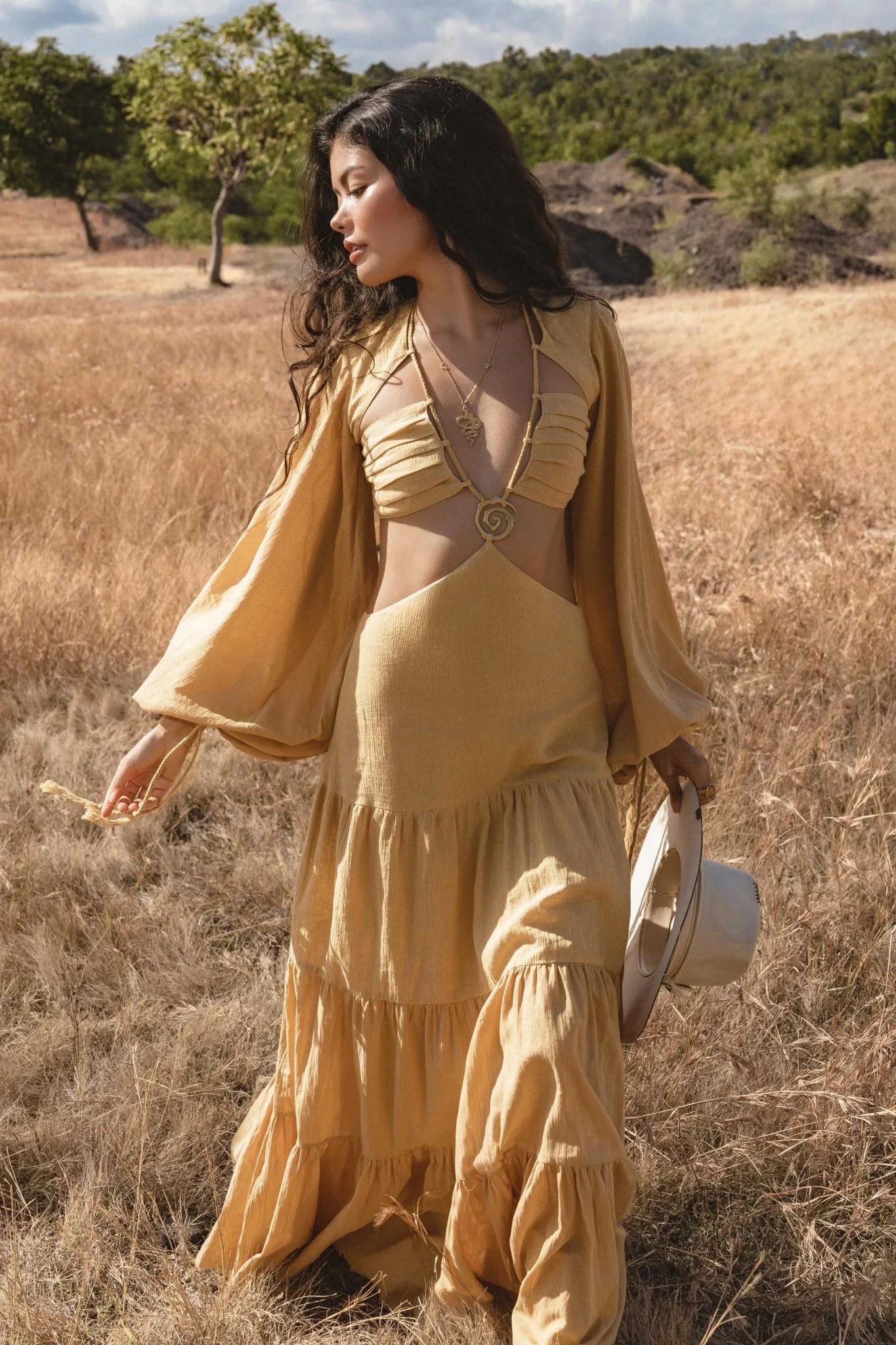 Samudra Dress in Saffron Gold Colour – Organic Backless Boho Maxi Dress - Image 5