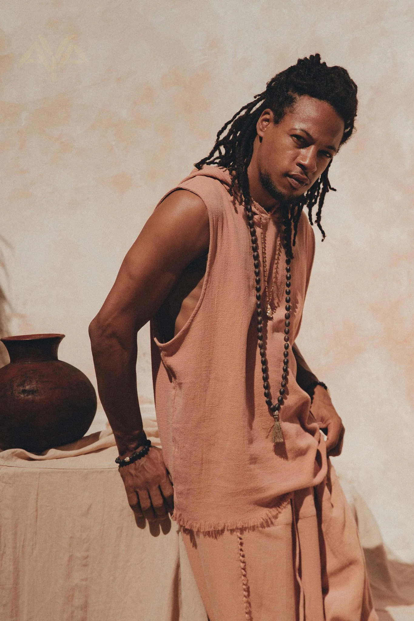 Sandalwood Colour Handwoven Cotton Sleeveless Hoody for Men - Image 9
